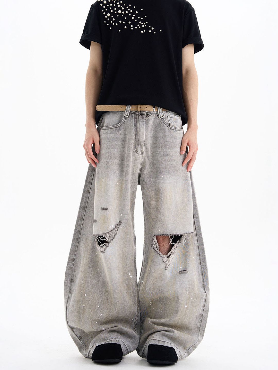 Vintage Street Splatter-Paint Washed Distressed Curved-Leg Jeans Size US 32 / EU 48 - 4 Thumbnail