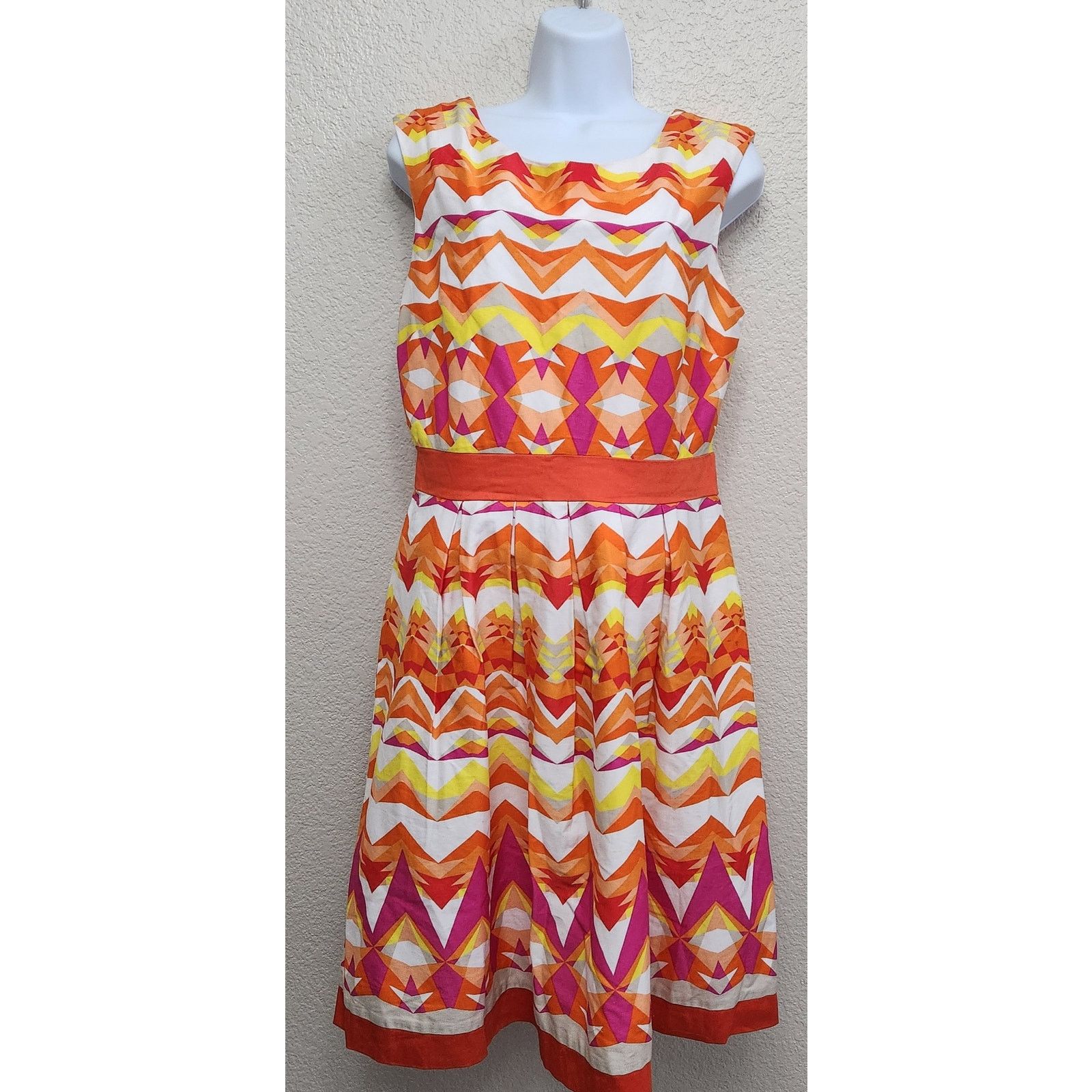 Other Sandra Darren Orange White Yellow Fit N Flare Midi Dress 10 Size L / US 10 / IT 46 - 1 Thumbnail