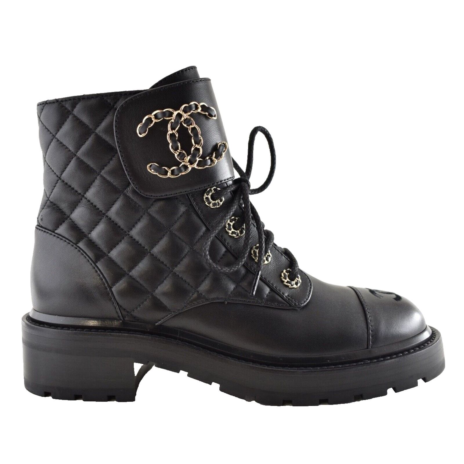 Chanel 21A Quilted Chain Combat Lace Up Tie Ankle Short Boots 37.5 Size US 7.5 / IT 37.5 - 1 Thumbnail