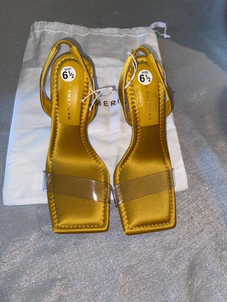 image of Women's Good American Gold Satin Rhinestone Sandals Size 6.5