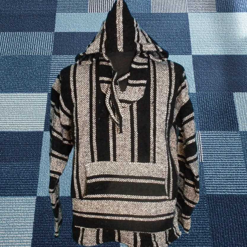 Vintage Hoodie Pullover Poncho Adult S/M Black Knit Drawstring Hooded Pocket Baja Hippie Hipster Surfer Skater Style Size US S / EU 44-46 / 1 - 1 Thumbnail