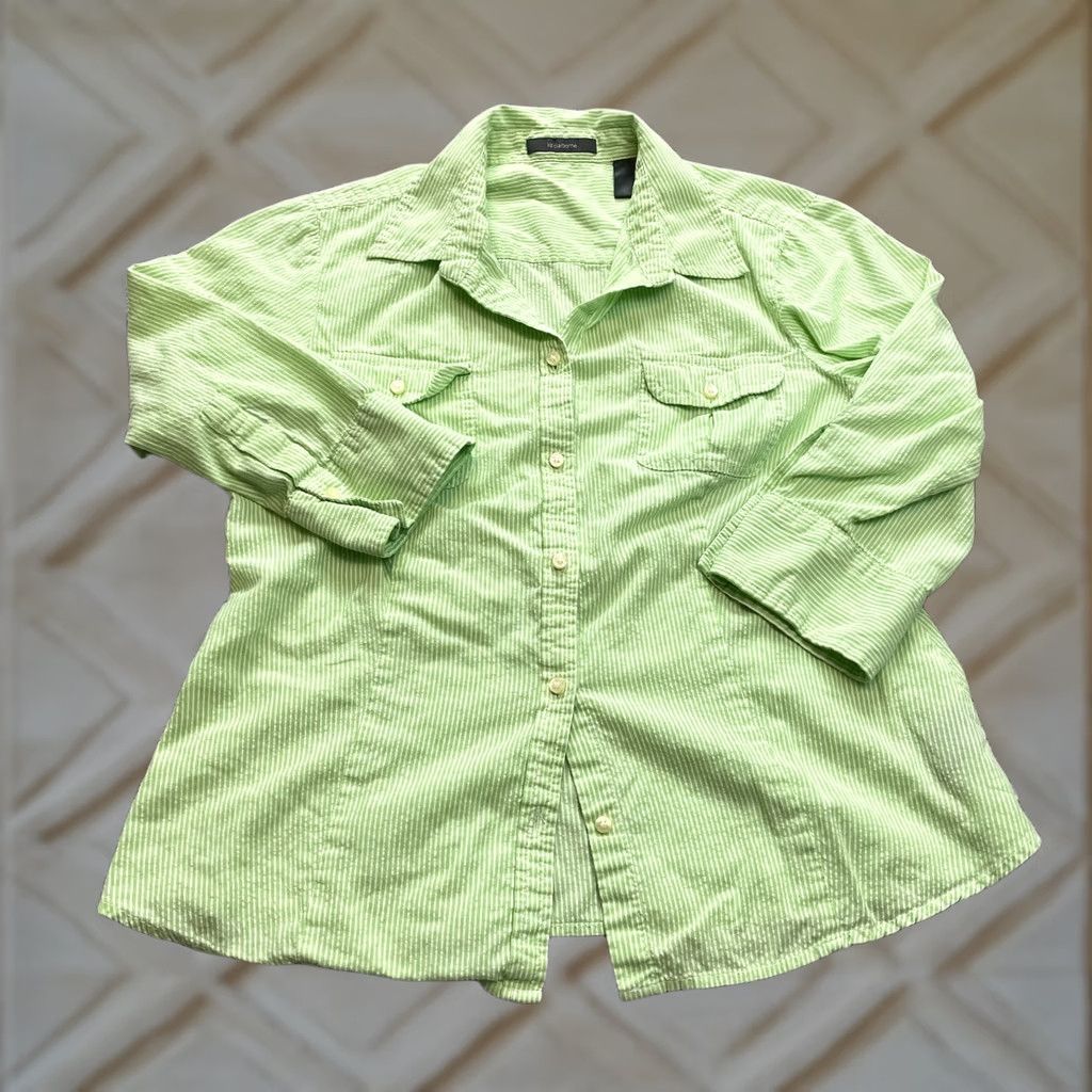 Liz Claiborne Liz Claiborne Button-Up Blouse Shirt Womens L Green Striped Pockets Collared Size L / US 10 / IT 46 - 1 Thumbnail