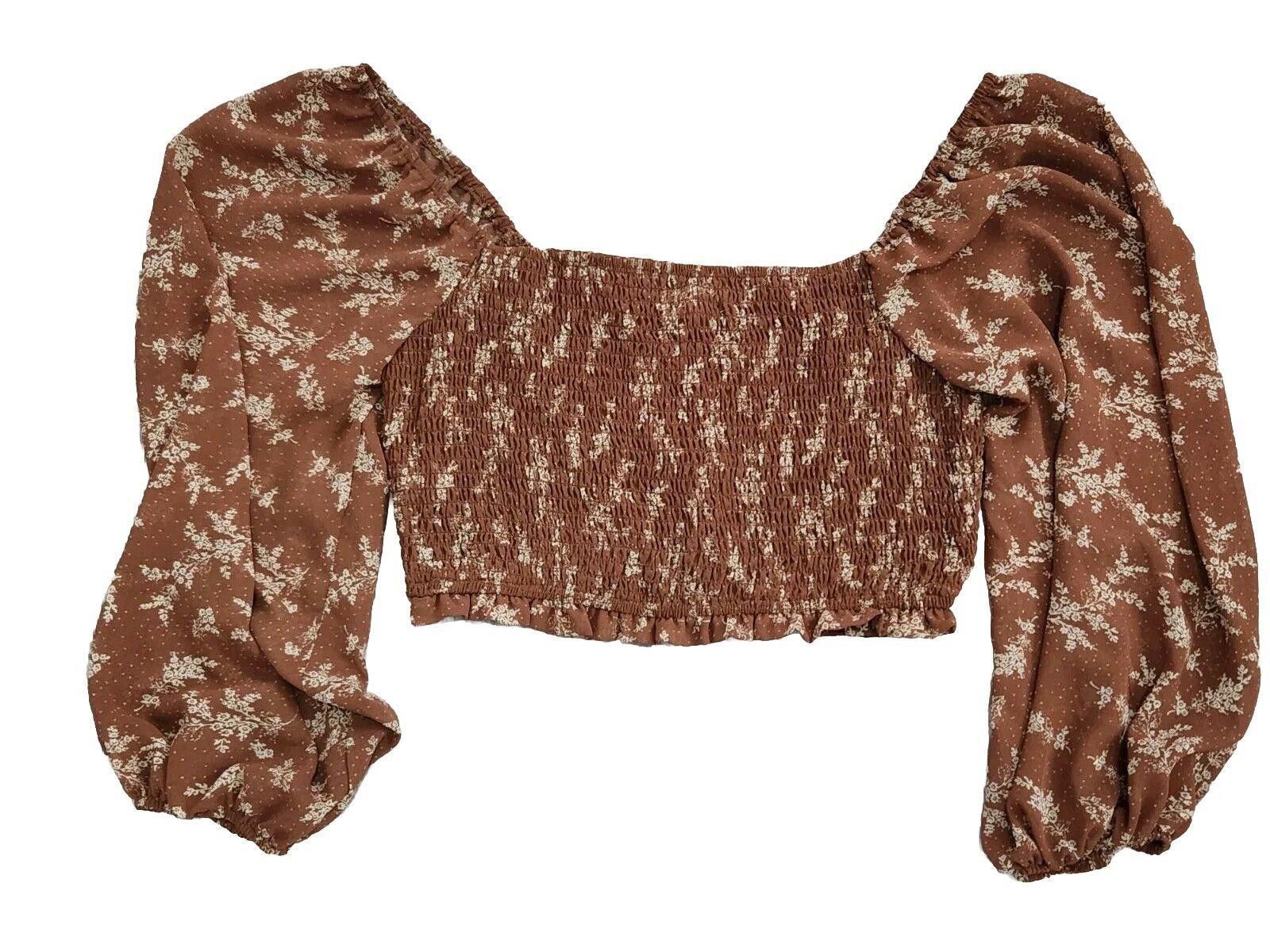 Designer Alta'rd State Crop Top Medium Brown Puff Sleeves Sheer Size M / US 6-8 / IT 42-44 - 2 Thumbnail