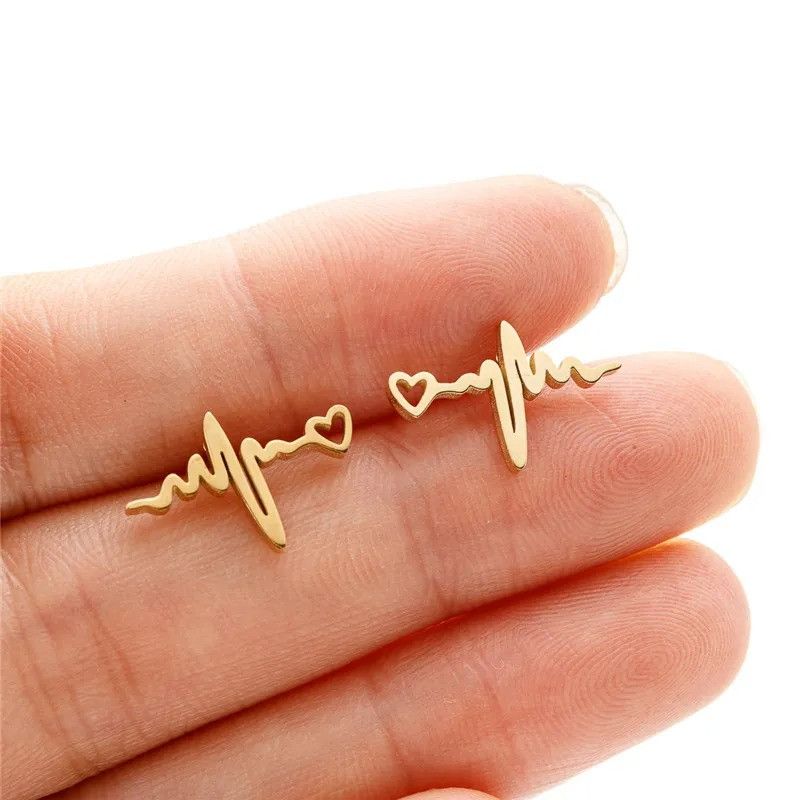 Jewelry Heartbeat Stud Earrings Charm Stainless Earring Gift Size ONE SIZE - 2 Thumbnail