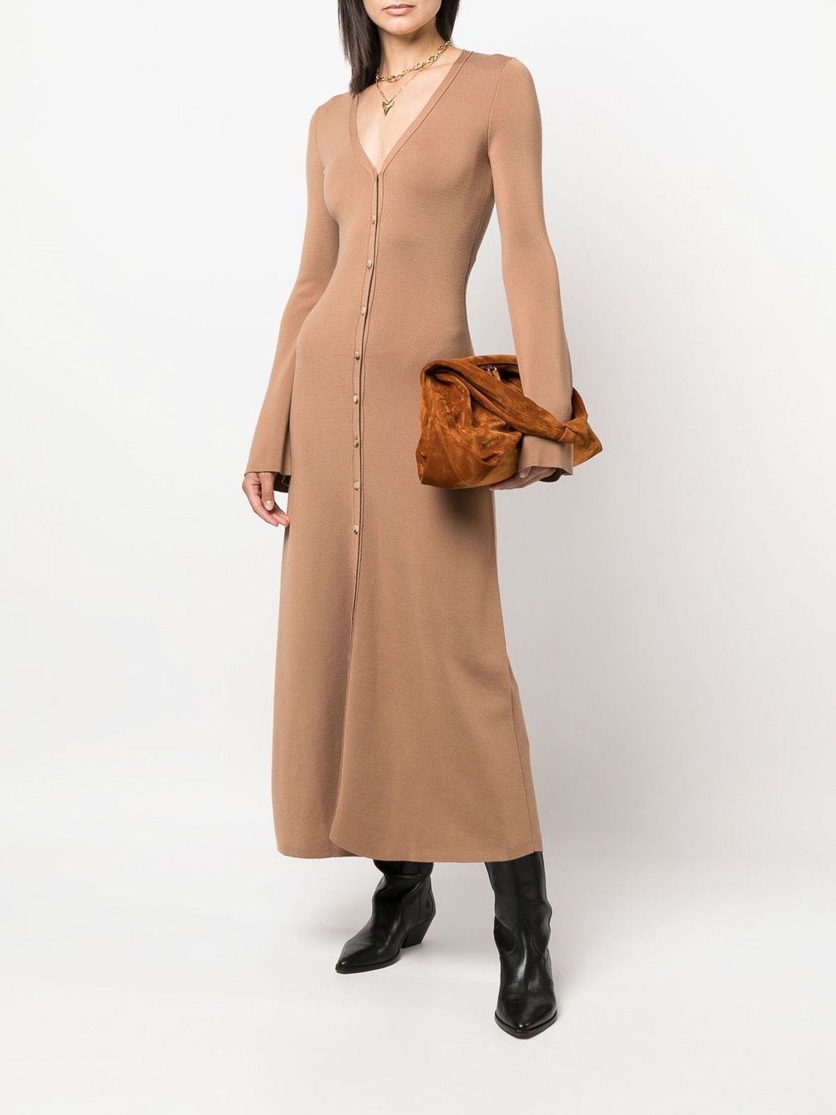 Chloe o1loc1c10425 Long V-Neck Wool Dress in Brown Size XL / US 12-14 / IT 48-50 - 3 Thumbnail
