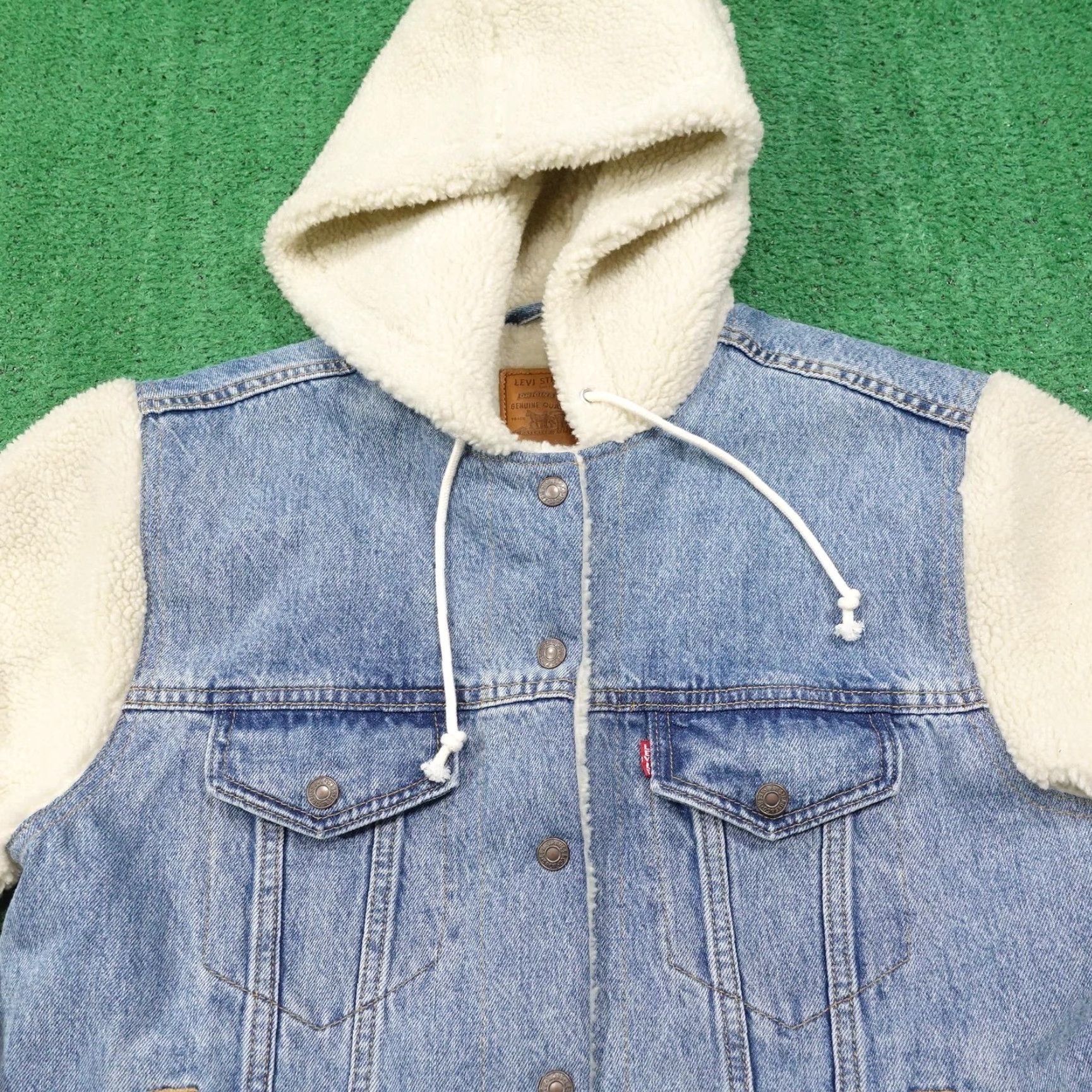 Levi's VINTAGE Levis Denim Trucker Jacket Womens Large Ex-Boyfriend Sherpa Sleeve Hood Premium Size L / US 10 / IT 46 - 2 Thumbnail