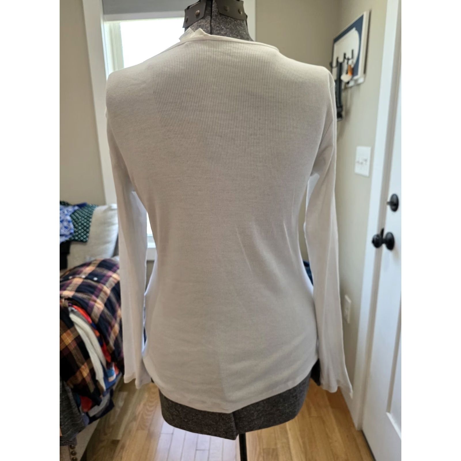 H&M H&M Ribbed Cotton Top Long Sleeve Large White Women T-Shirt L Regular Cotton Size L / US 10 / IT 46 - 3 Thumbnail