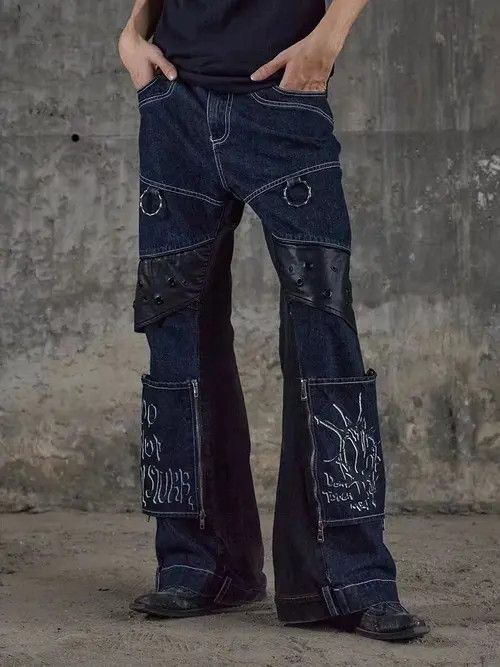 VIBE Street punk detachable patchwork washed Harajuku style jeans Size US 32 / EU 48 - 1 Thumbnail