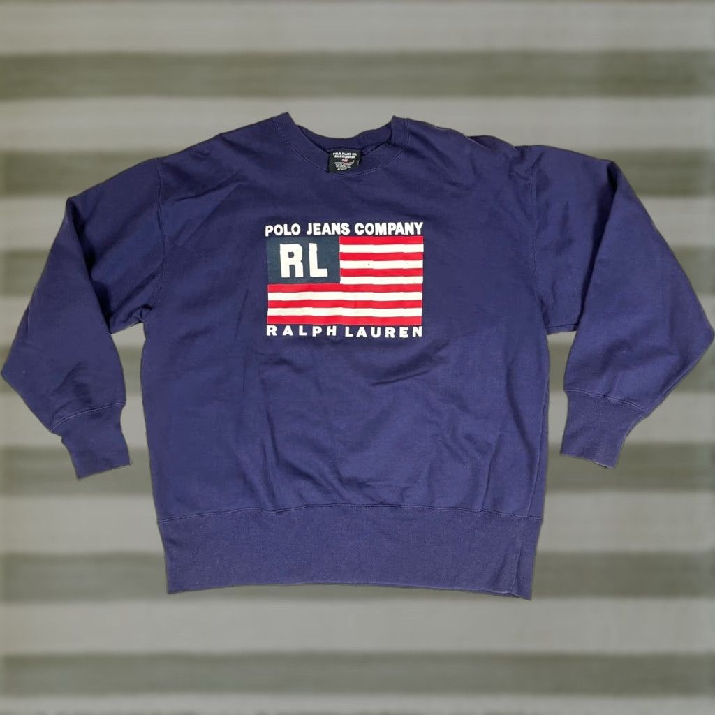 Vintage Polo Jeans Company Men’s Vintage Crewneck Sweatshirt Navy Blue Sz L American Flag Graphic Print Cap Size US L / EU 52-54 / 3 - 1 Thumbnail