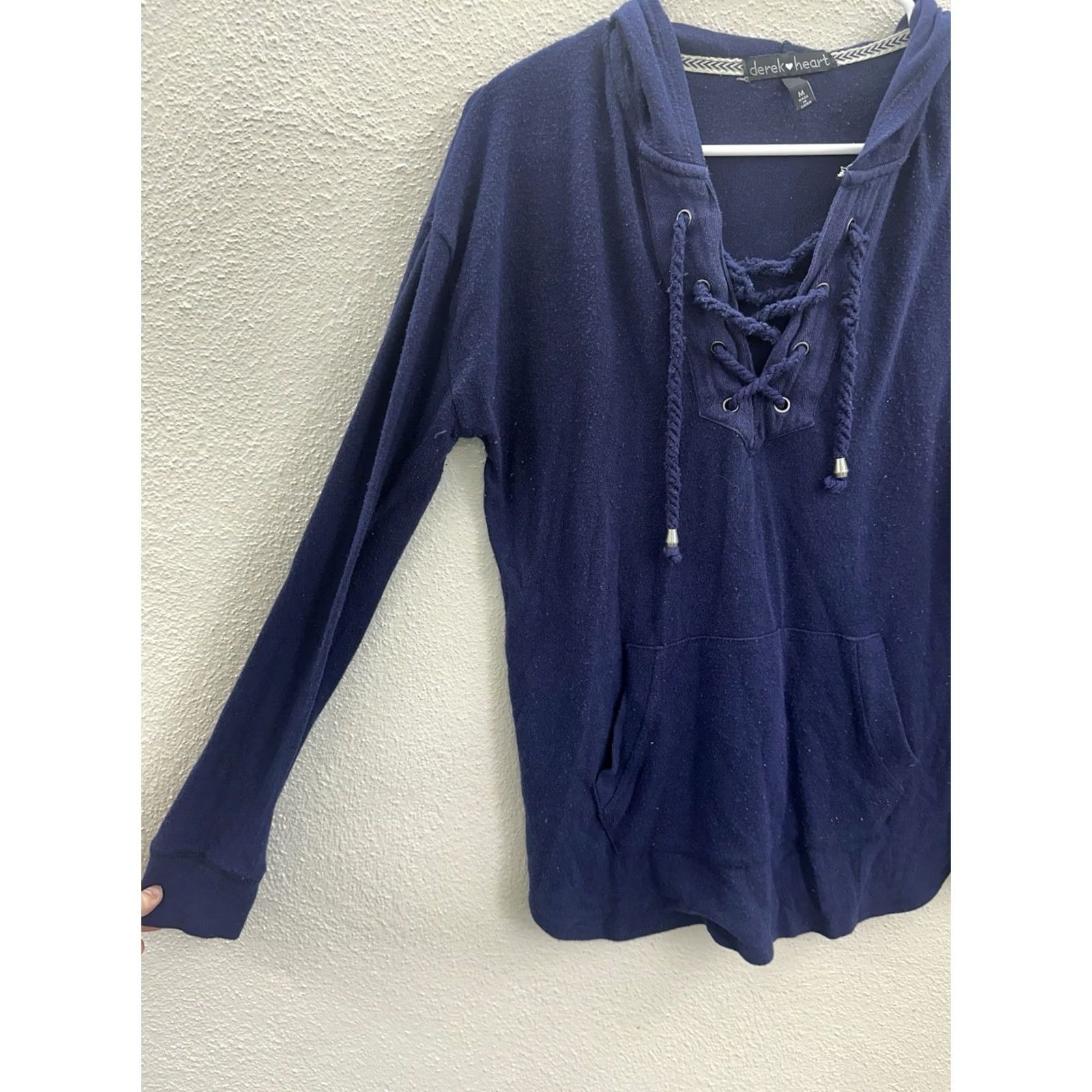 Vintage Derek Heart Womens Shirt Blouse Long Sleeve Hooded CrissCross Neckline Blue Size M Regular Pattern Solid Size M / US 6-8 / IT 42-44 - 3 Thumbnail