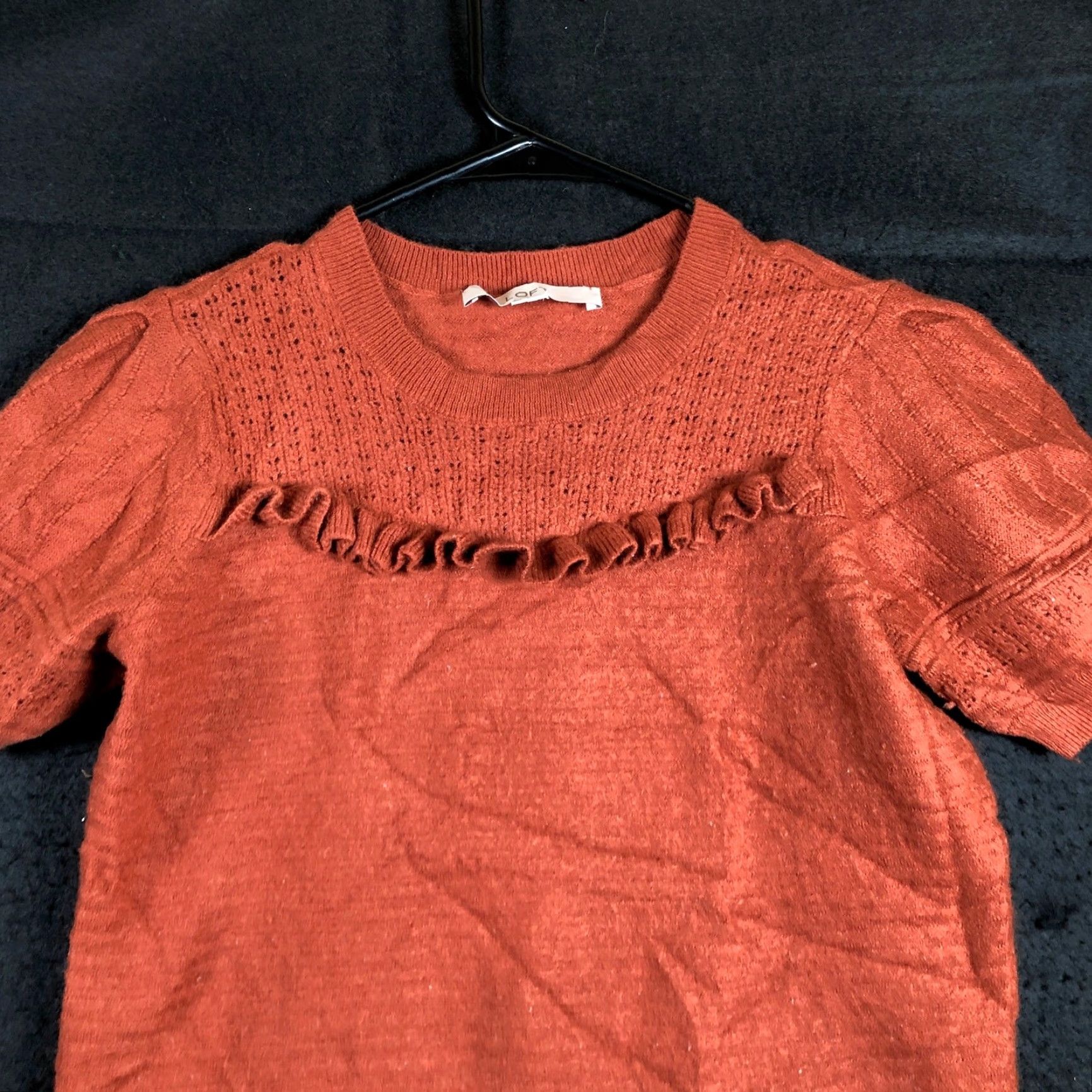 Ann Taylor LOFT Womens Sweater Burnt Orange Wool Blend Puff Sleeve Ruffle Medium Knit Crew Neck Casual Womens Size M / US 6-8 / IT 42-44 - 2 Thumbnail