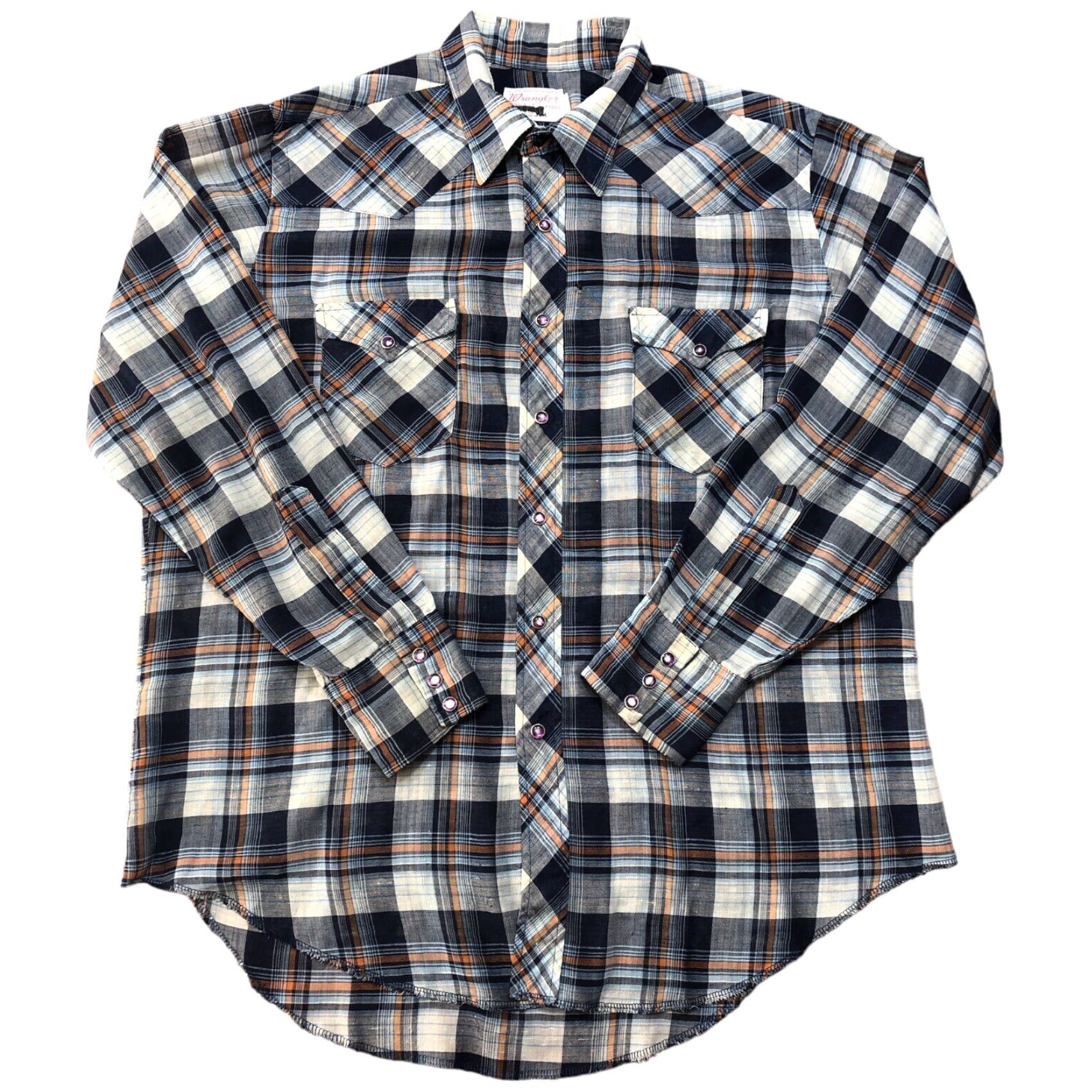 Wrangler VTG Wrangler Shirt 17.5 Blue Plaid Pearl Snap Permanent Press Long Sleeve Pocket Western Cowboys American 70s 80s Vintage Men Size US XXL / EU 58 / 5 - 2 Thumbnail