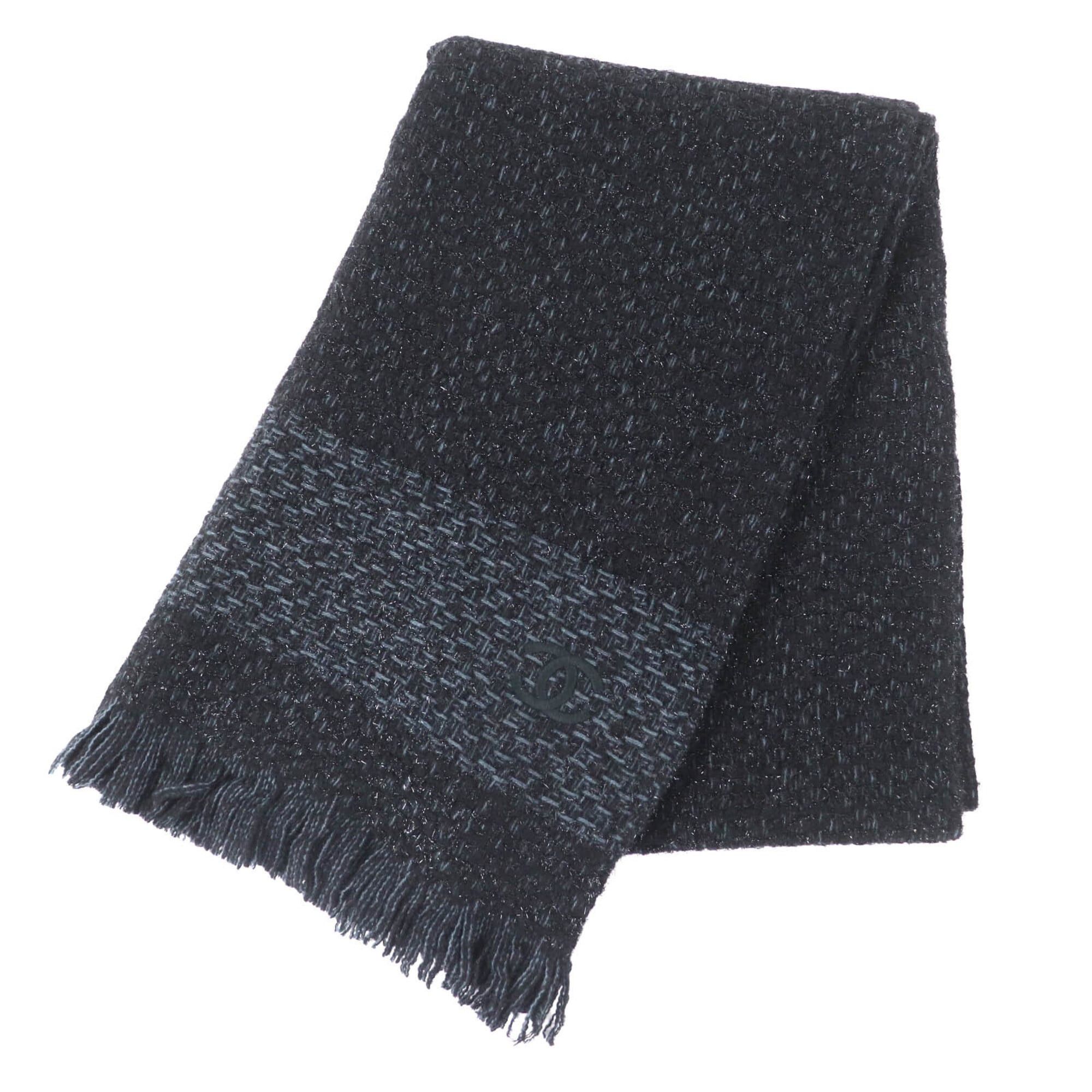 Chanel CHANEL Cashmere Blend Large Stole/Shawl with Coco Mark Embroidery, Glitter, and Fringe - Black & Blue Comes Box Made in Italy Authentic Women's Size ONE SIZE - 1 Thumbnail