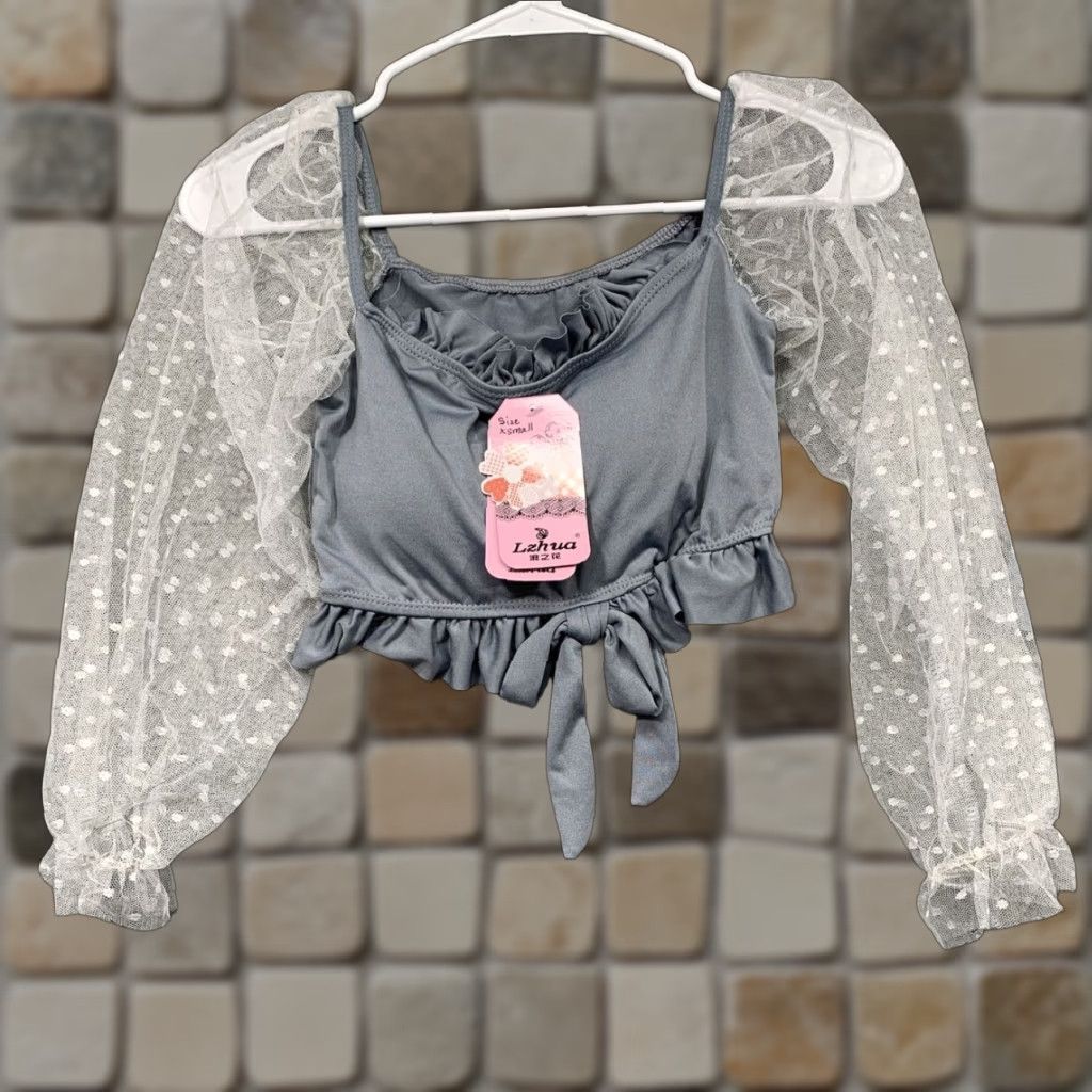 Vintage Lzhua 2-Piece Swimsuit Women's XS Gray Lacy Sleeves Boy Shorts Under Skirt NWT Vintage: No (if applicable) Size 26" / US 2 / IT 38 - 1 Thumbnail
