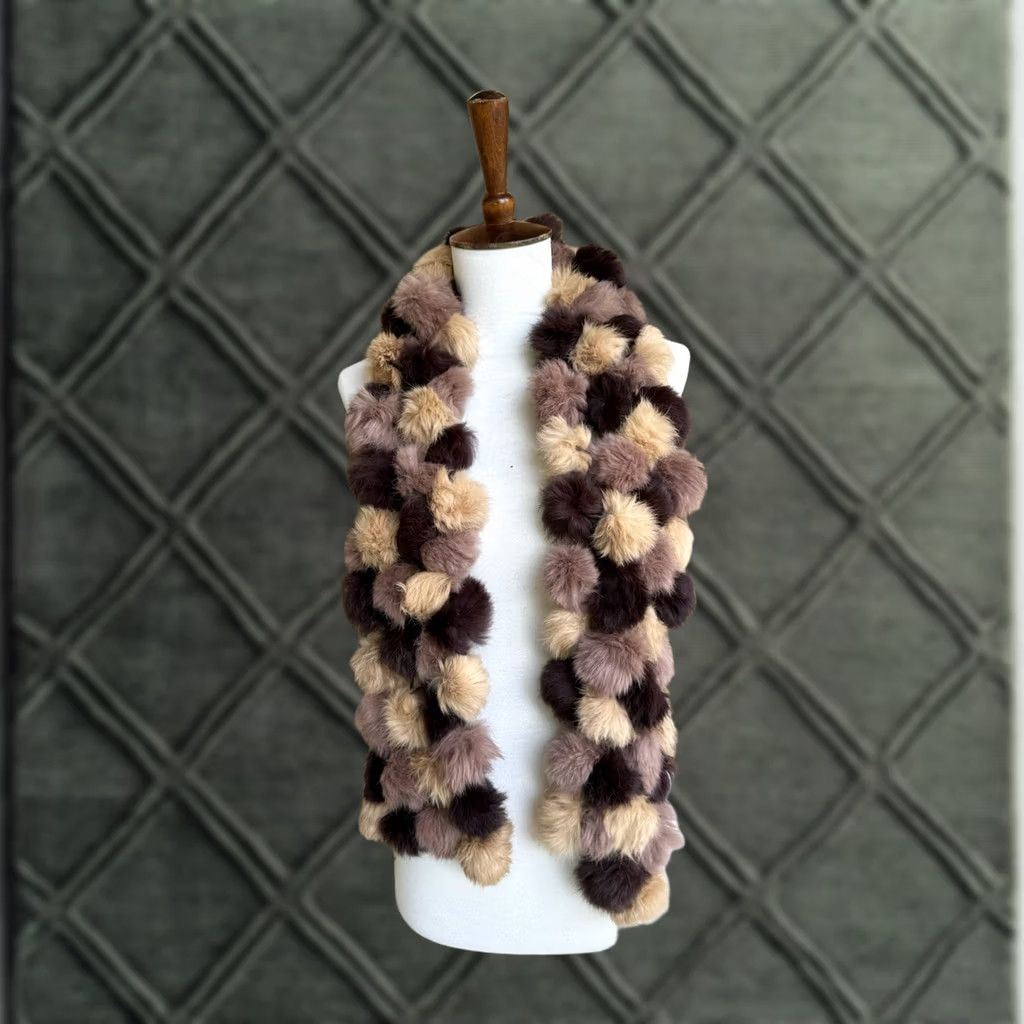 Vintage VINTAGE CEJON GENUINE RABBIT FUR POM POM BROWN SCARF WOMEN 60 NECK WARMER FESTIVAL GLAM Size ONE SIZE - 1 Thumbnail
