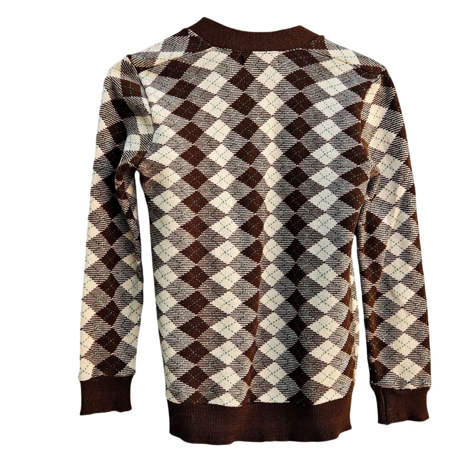 Vintage 1970s Japan Knit Cardigan XS Argyle Brown Cream V-Neck Butto Size XXS / US 00 / IT 34 - 12 Thumbnail