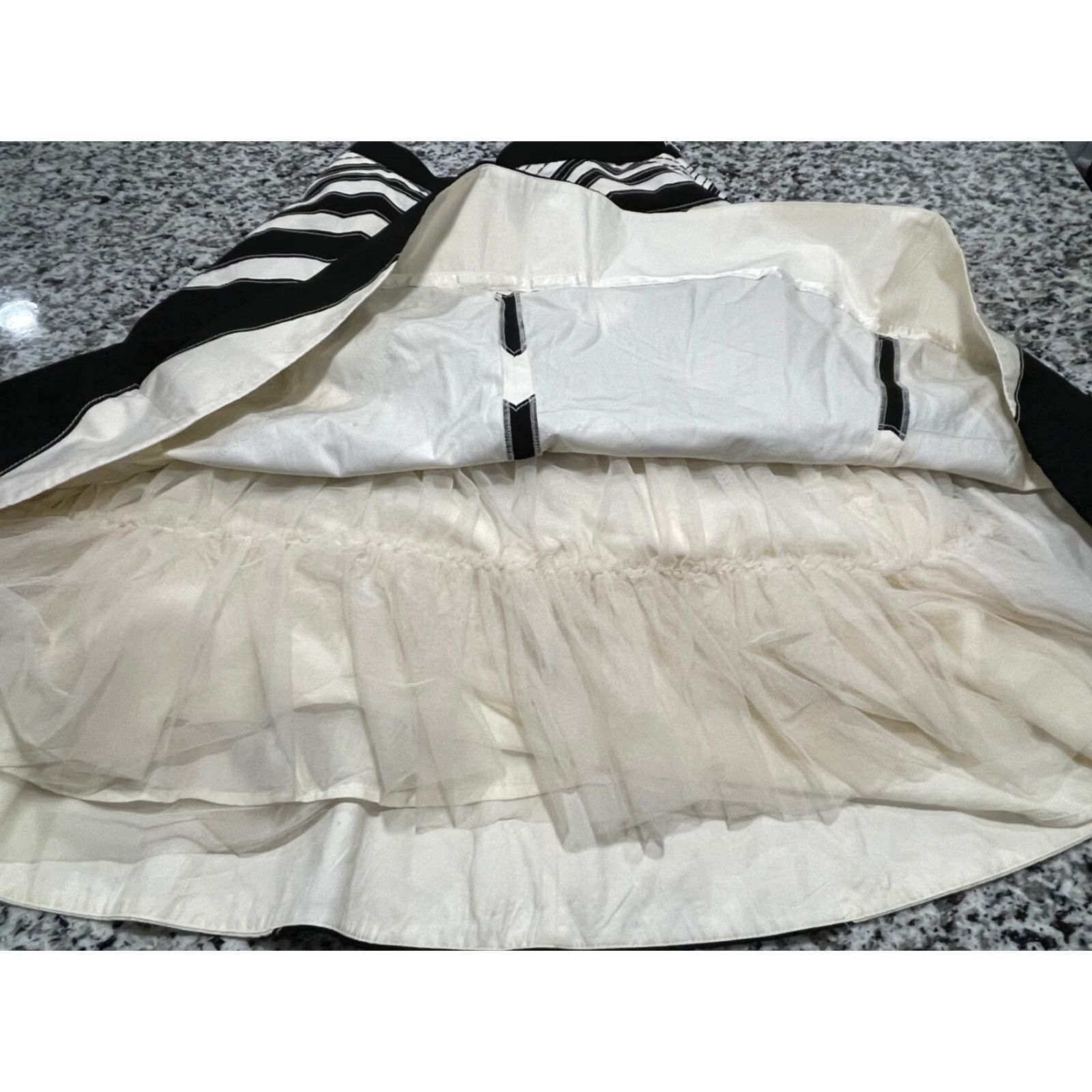 Vintage MEADOW RUE Waverly Chevron Midi Skirt Black Ivory POCKETS Sz 4 Woman Calf-Length A-Line Cotton Polyester Lined Embroidered Patchwork Zipper Size 27" / US 4 / IT 40 - 5 Thumbnail