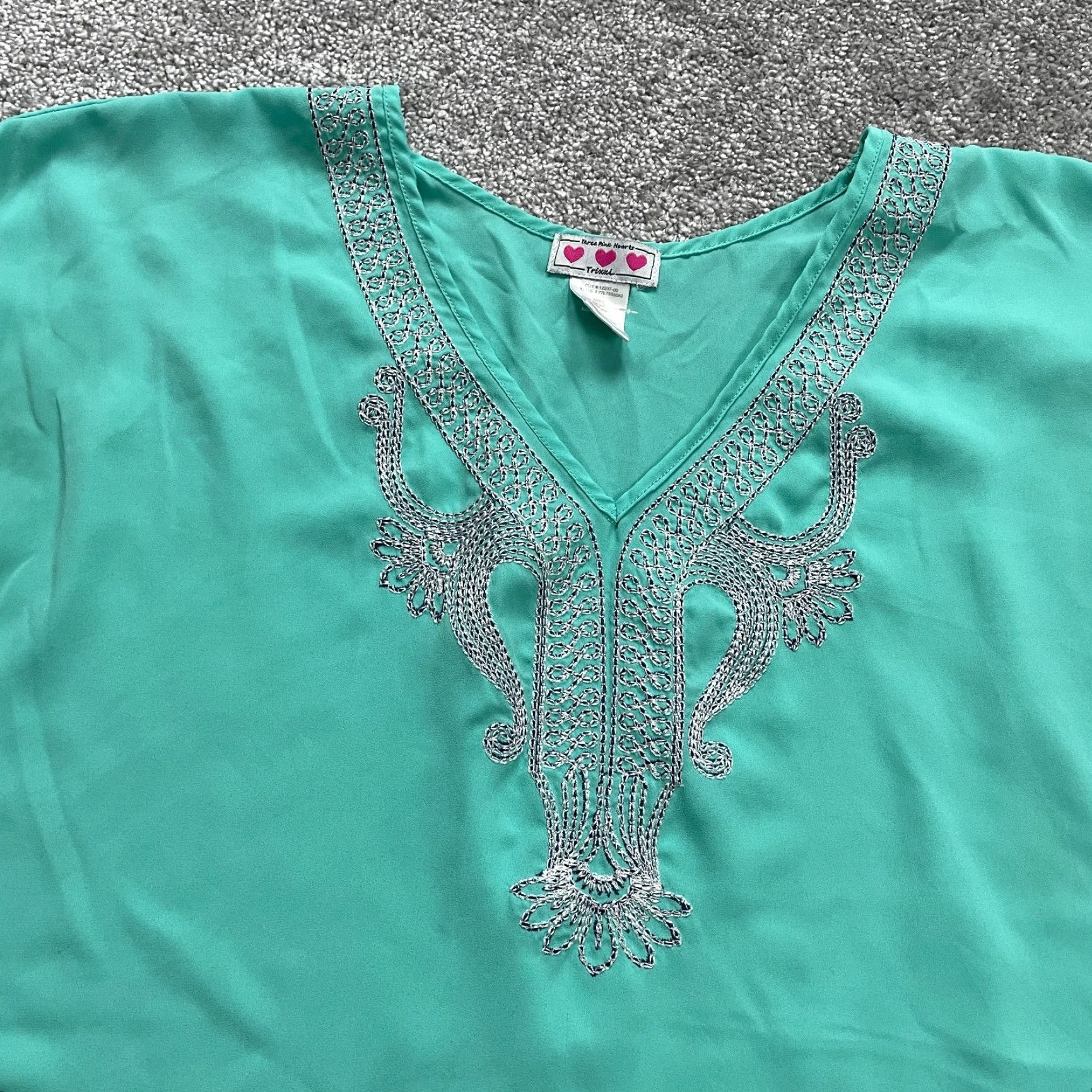Vintage Trixxi Blouse Womens Large Mint Green Short Sleeve Embroidered V-Neck Casual Top Size L / US 10 / IT 46 - 3 Thumbnail