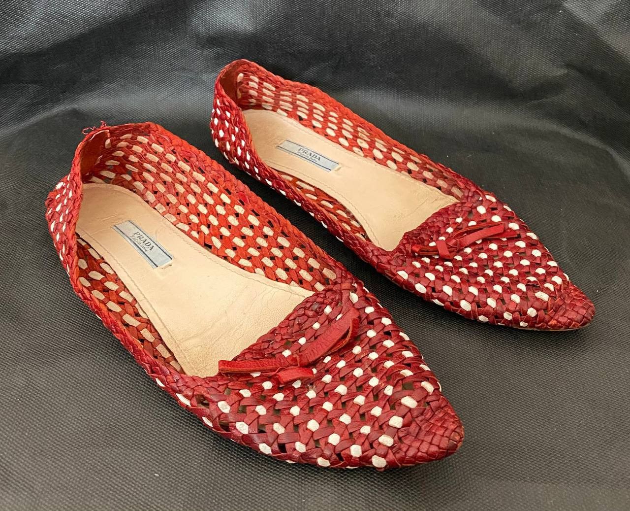 Prada × Vintage 📌Vintage PRADA Y2K Red + Metallic Silver Leather Woven Flats Size US 8 / IT 38 - 2 Thumbnail