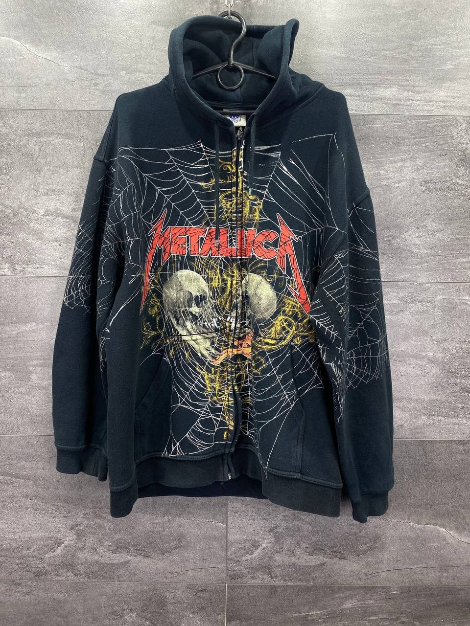Vintage Metallica Print Spider Web Skulls Zip Hoodie