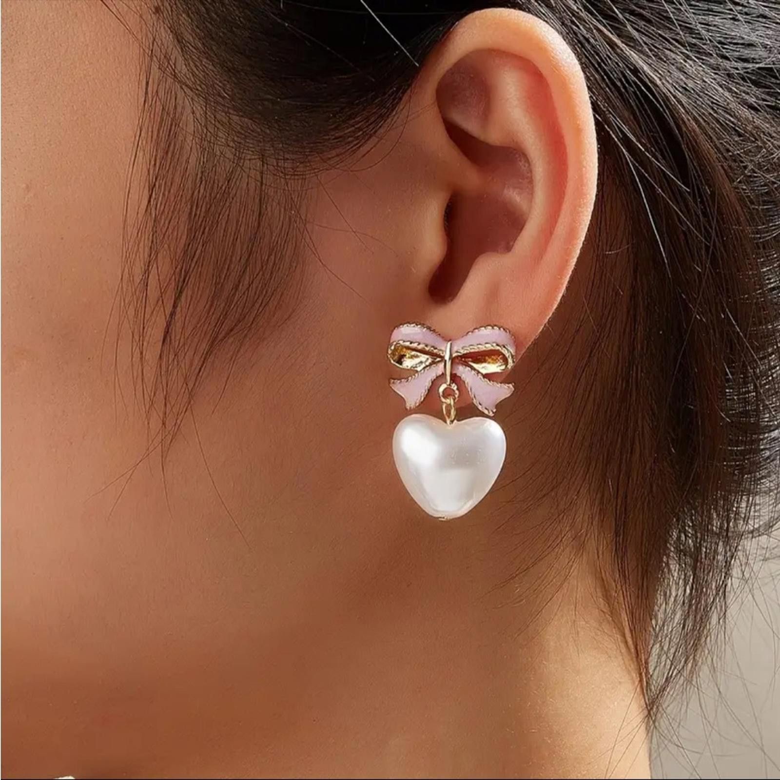 Designer Pink and Gold Pearl Bow Heart Earrings Dangle Stud Size ONE SIZE - 5 Thumbnail