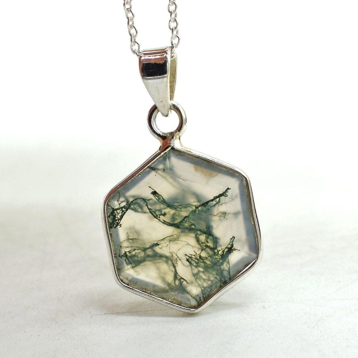 Handmade Natural Moss Agate 925 Sterling Silver Pendant Necklace Size ONE SIZE - 4 Thumbnail