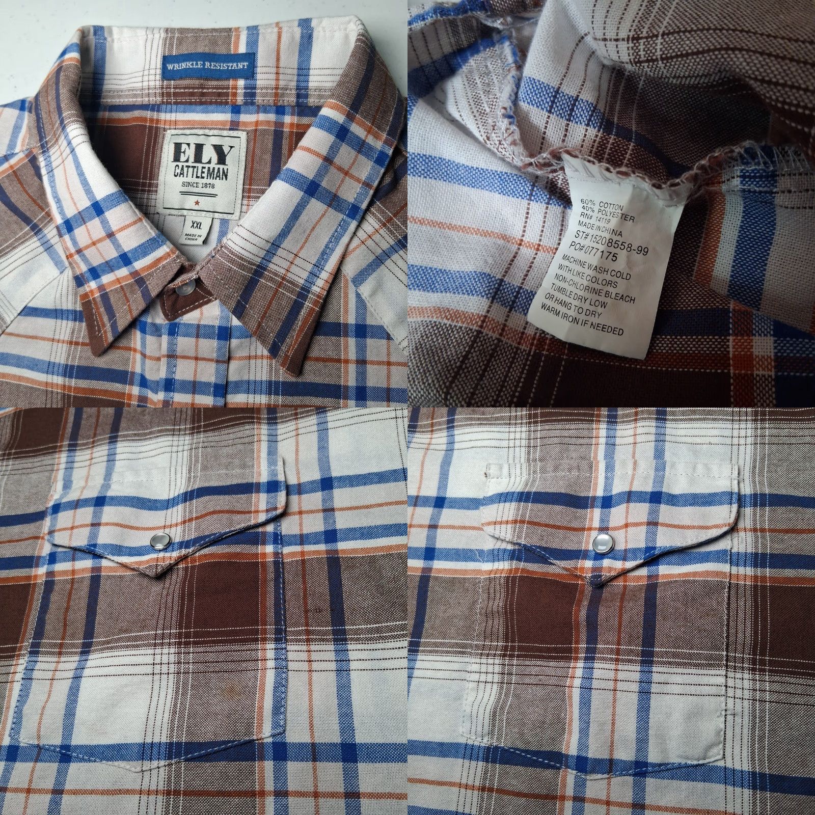 Vintage Ely Cattleman Shirt Men 2XL Plaid Brown Blue Pearl Snap Western Workwear Button-Up Pocket Short Sleeve Casual Ranchwear Size US XXL / EU 58 / 5 - 8 Thumbnail