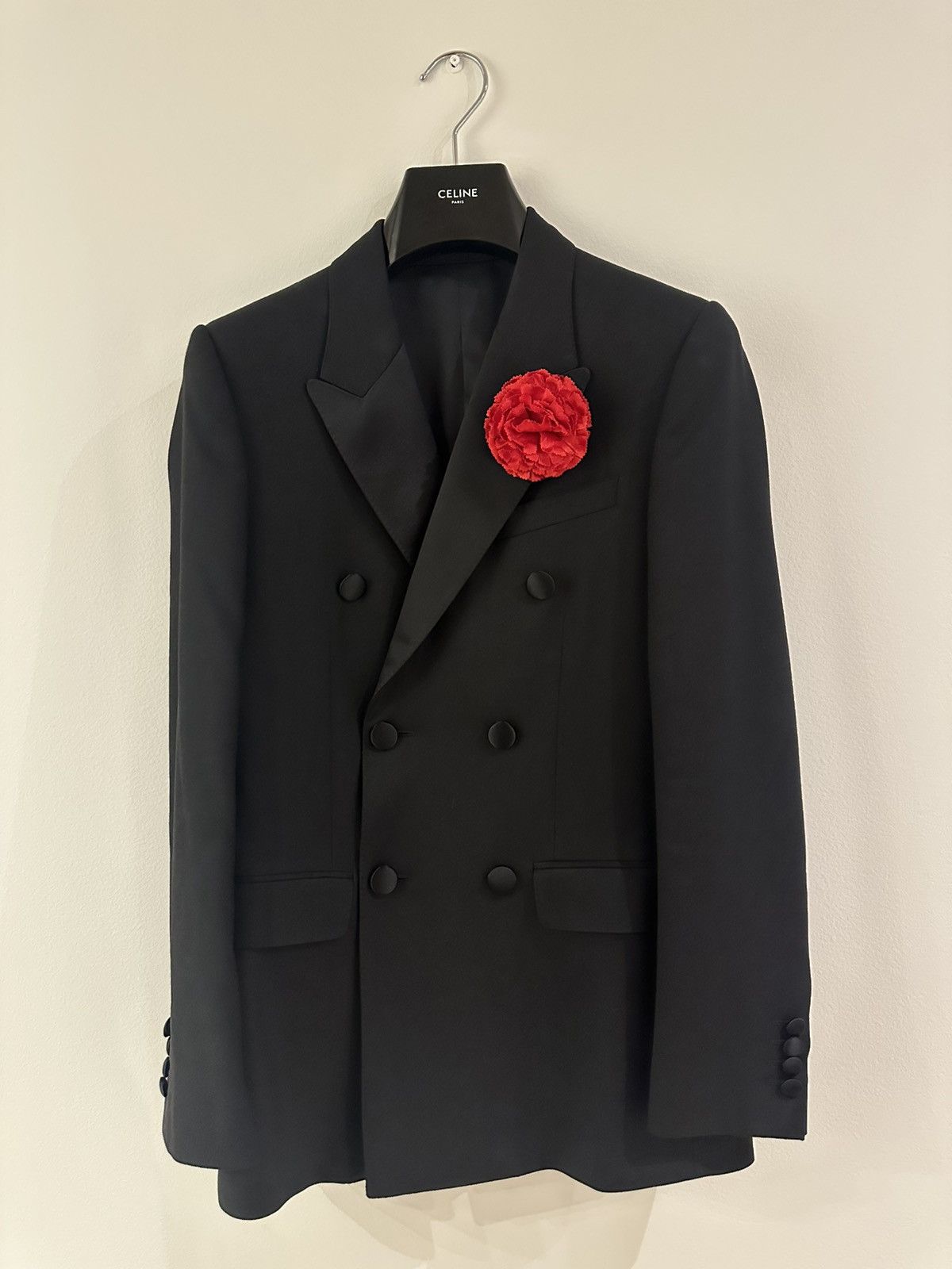 Celine × Hedi Slimane SS20 Tuxedo Jacket Double Breasted Black Wool Gabardine Size 44R - 6 Thumbnail