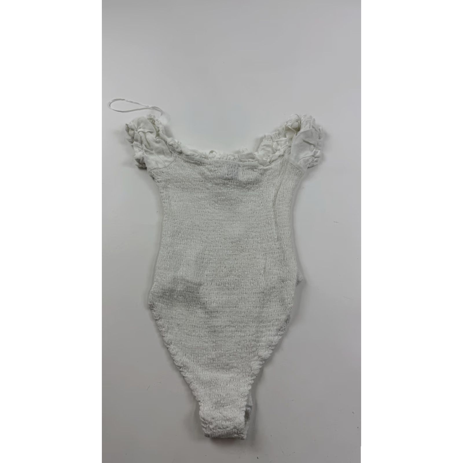 PRINCESS POLLY Princess Polly Bodysuit Womens US 4 White Smocked Off Shoulder Ruffle Tie Front Size S / US 4 / IT 40 - 5 Thumbnail