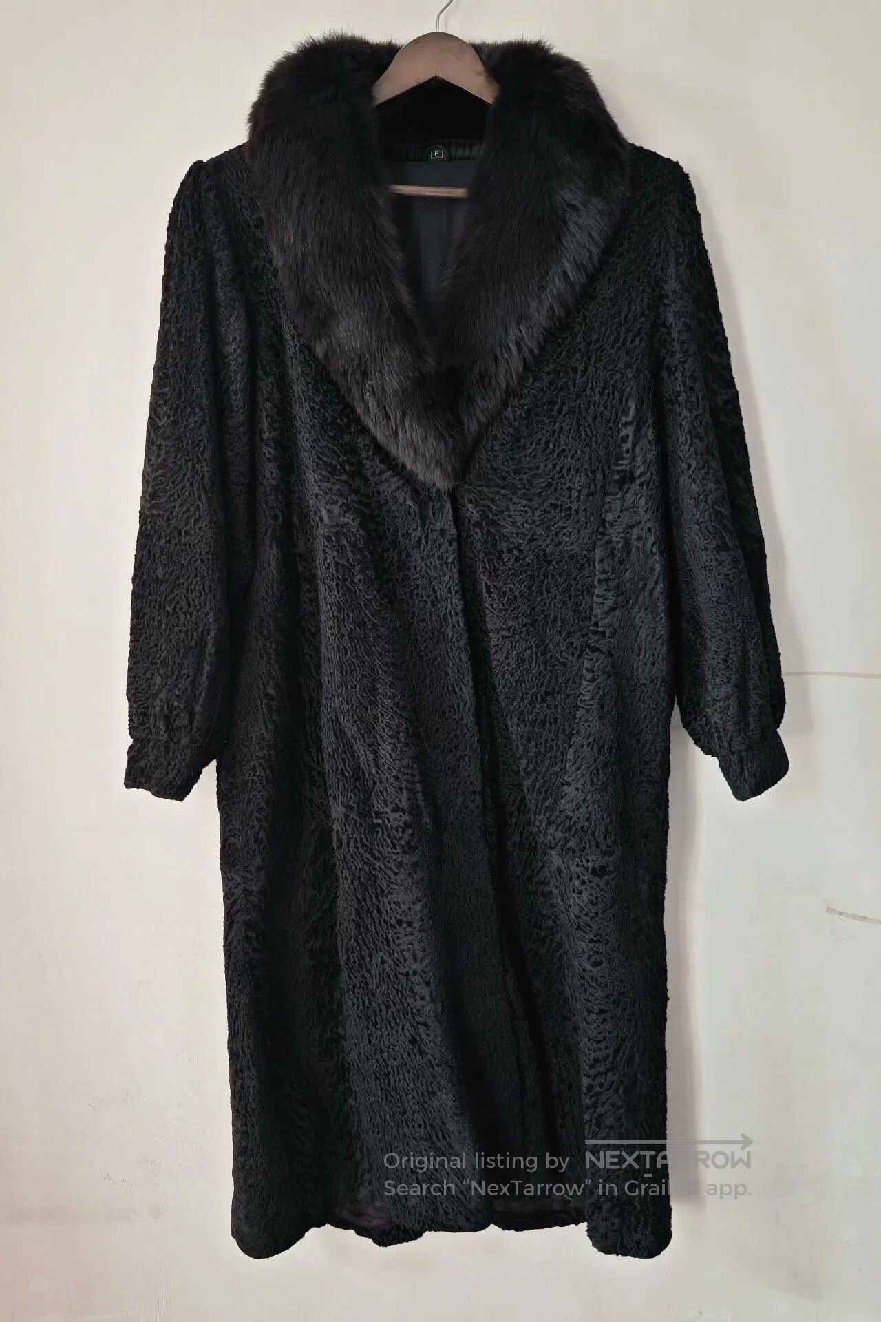Black Persian Wool Fur Coat with Fox Collar.
