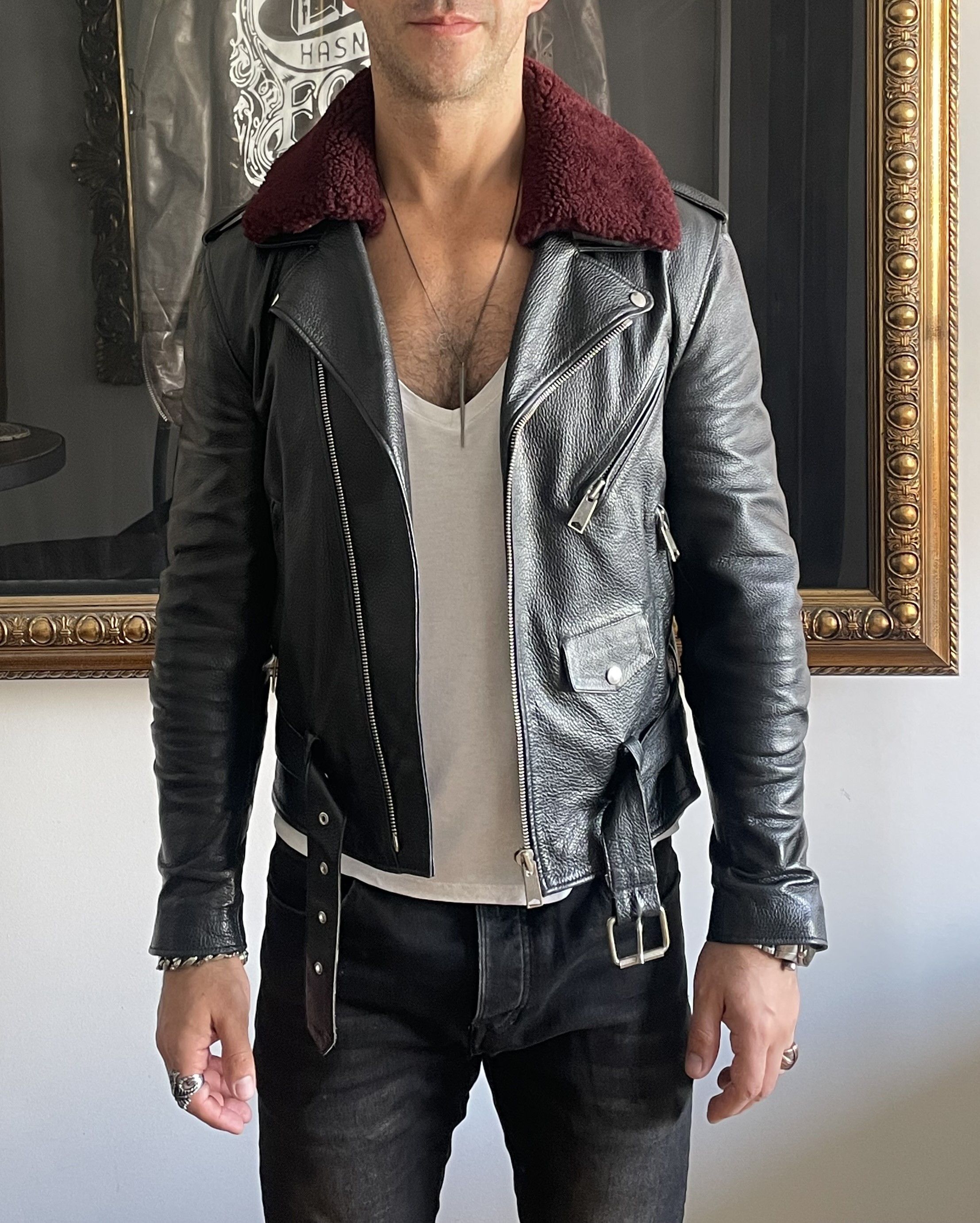 Sandro Sandro Leather Biker Jacket with Fur Collar Schott Varvatos Size US M / EU 48-50 / 2 - 12 Thumbnail