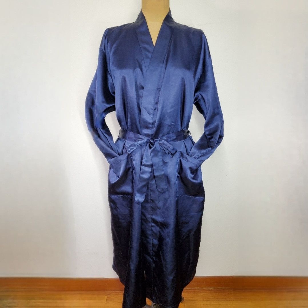 Other Courtney & Co. Size L Robe Navy Blue Satin Flower Floral Size L / US 10 / IT 46 - 3 Thumbnail