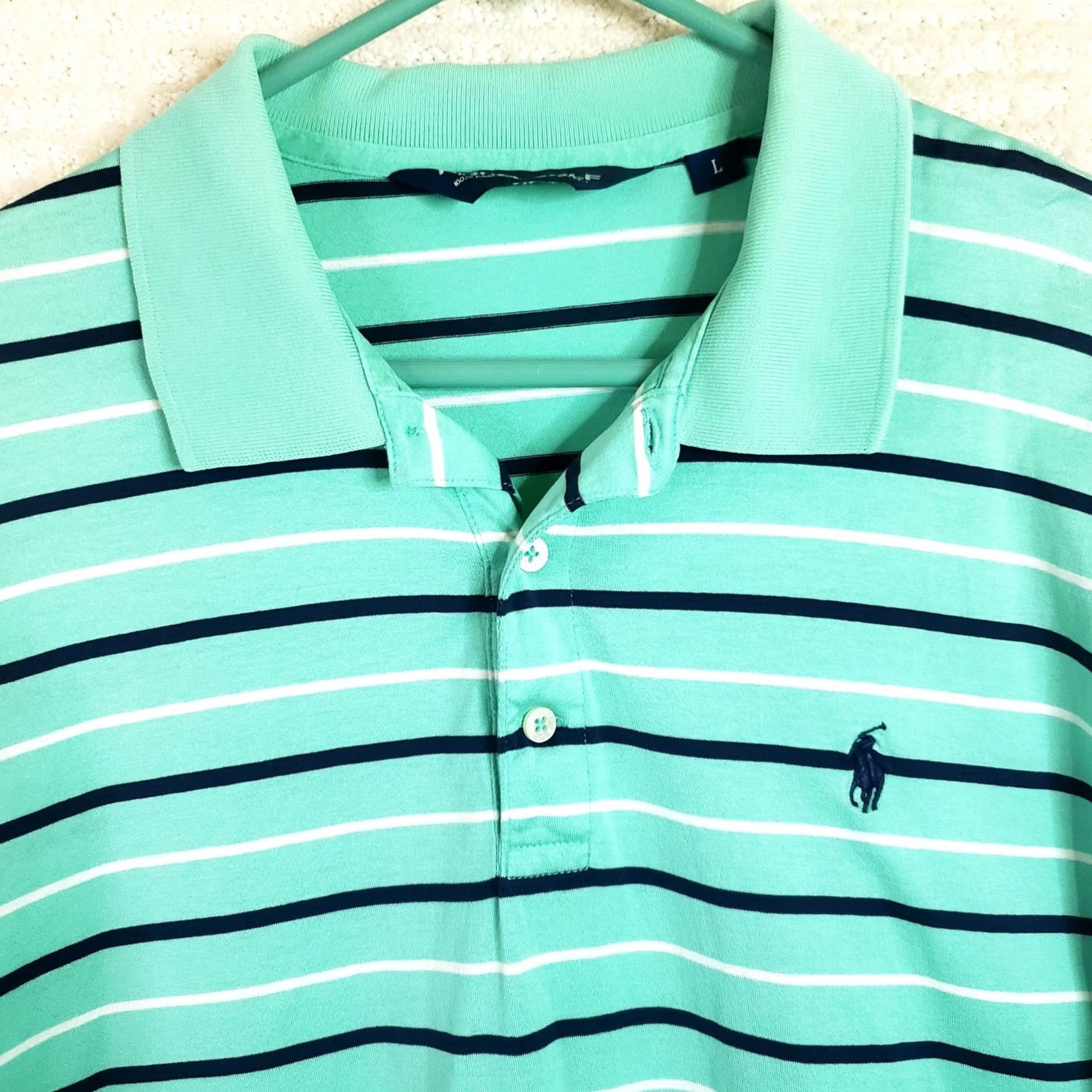 Vintage Polo Golf Shirt Mens L Teal Green Striped Polo Shirt SS Polo Shirt Embroidered Logo Golf Size US L / EU 52-54 / 3 - 3 Thumbnail