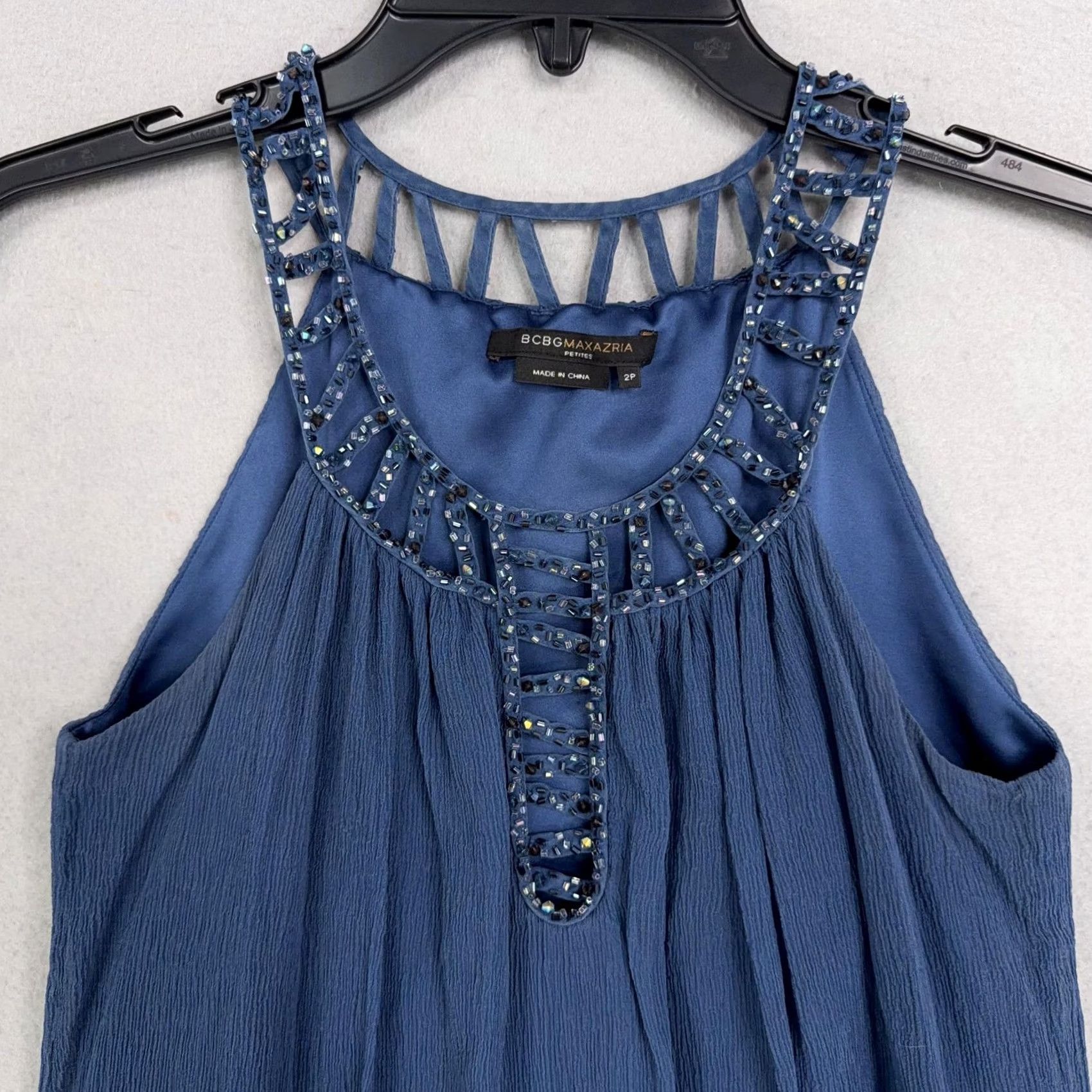 Bcbgmaxazria BCBGMAXAZRIA Dress Womens 2P Blue Beaded Halter Chiffon Swing Short Trapeze Y2K Ladies Petite Size 26" / US 2 / IT 38 - 2 Thumbnail
