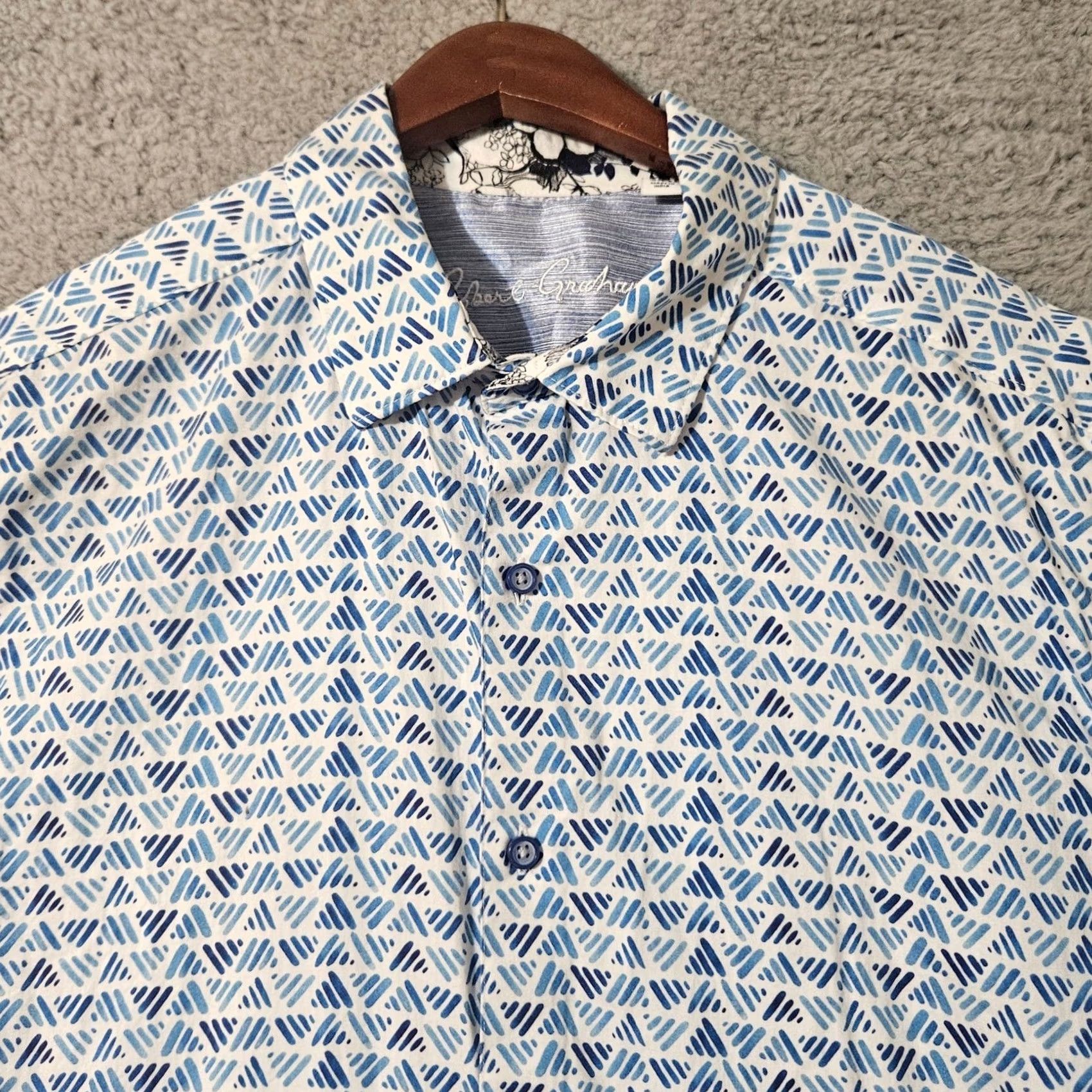 Robert Graham Robert Graham Geometric Blue White Short Sleeve Button Down 2XL Classic Fit Mens Shirt Size US 39 - 2 Thumbnail