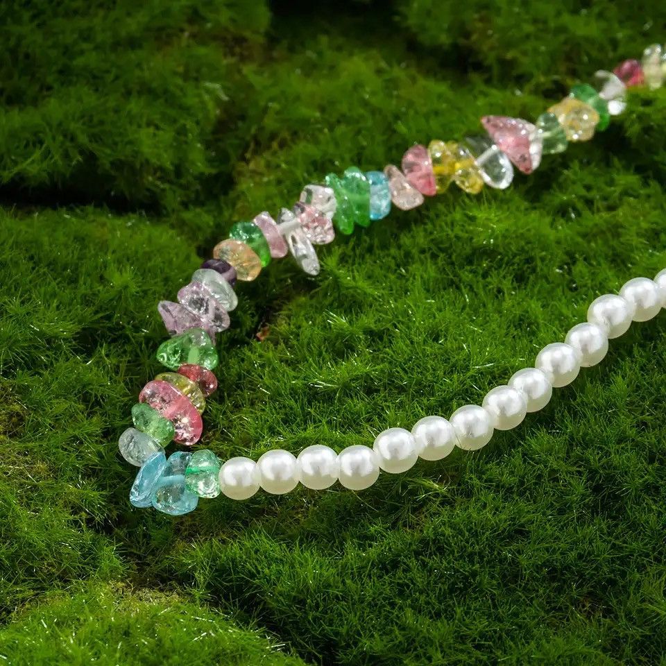 Jewelry Transparent Colorful Glass Crystal Pearl Choker Necklace Size ONE SIZE - 6 Thumbnail