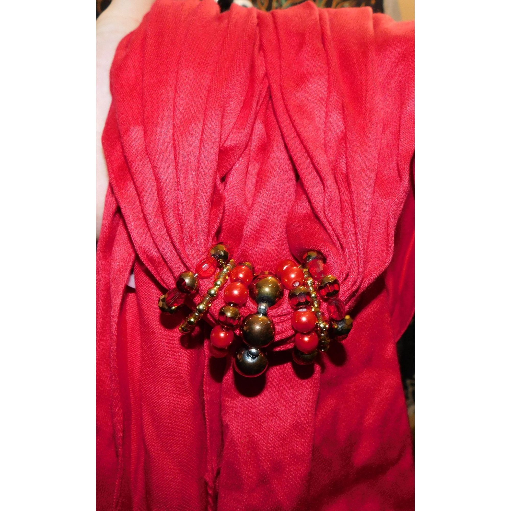 Other Elegant Red Rayon Scarf With Beaded Ring Accents & Fringe Size ONE SIZE - 2 Thumbnail