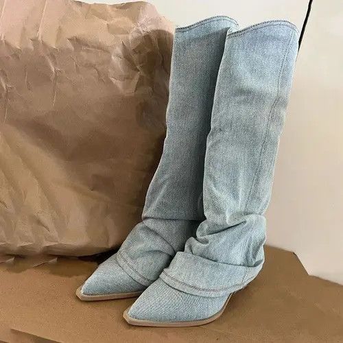 Blue Denim Thigh High Boots