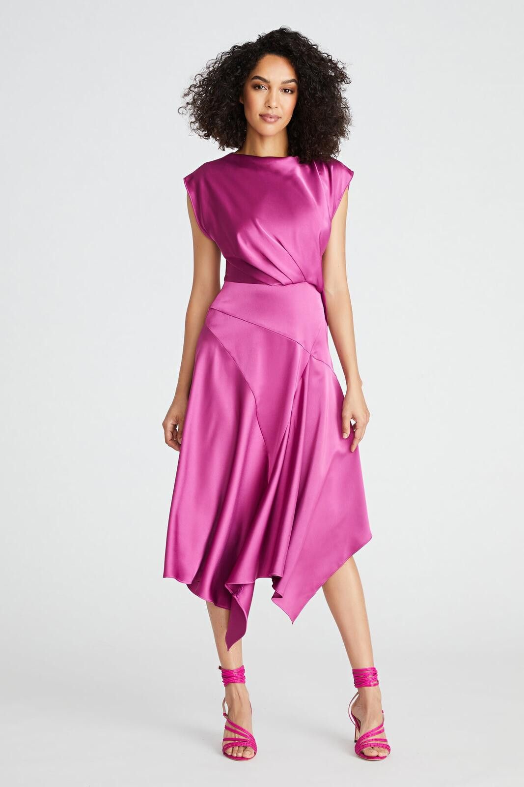 Unknown London Asymmetric Satin Midi Dress in Fuchsia - Elegant Evening Size XL / US 12-14 / IT 48-50 - 2 Thumbnail