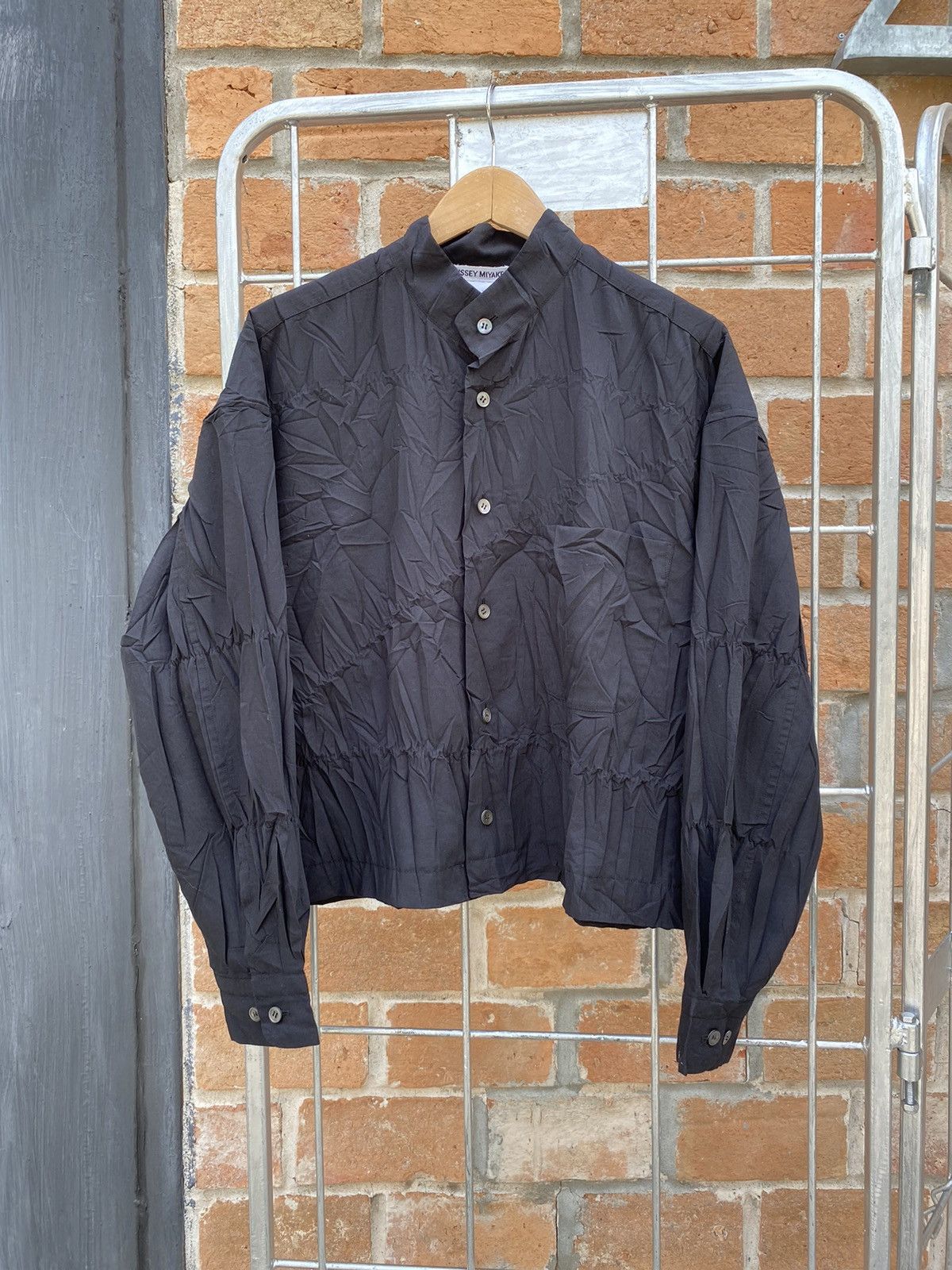 image of Issey Miyake Pleated Long Sleeve Cropped Shirt in Black, Women's (Size Medium)