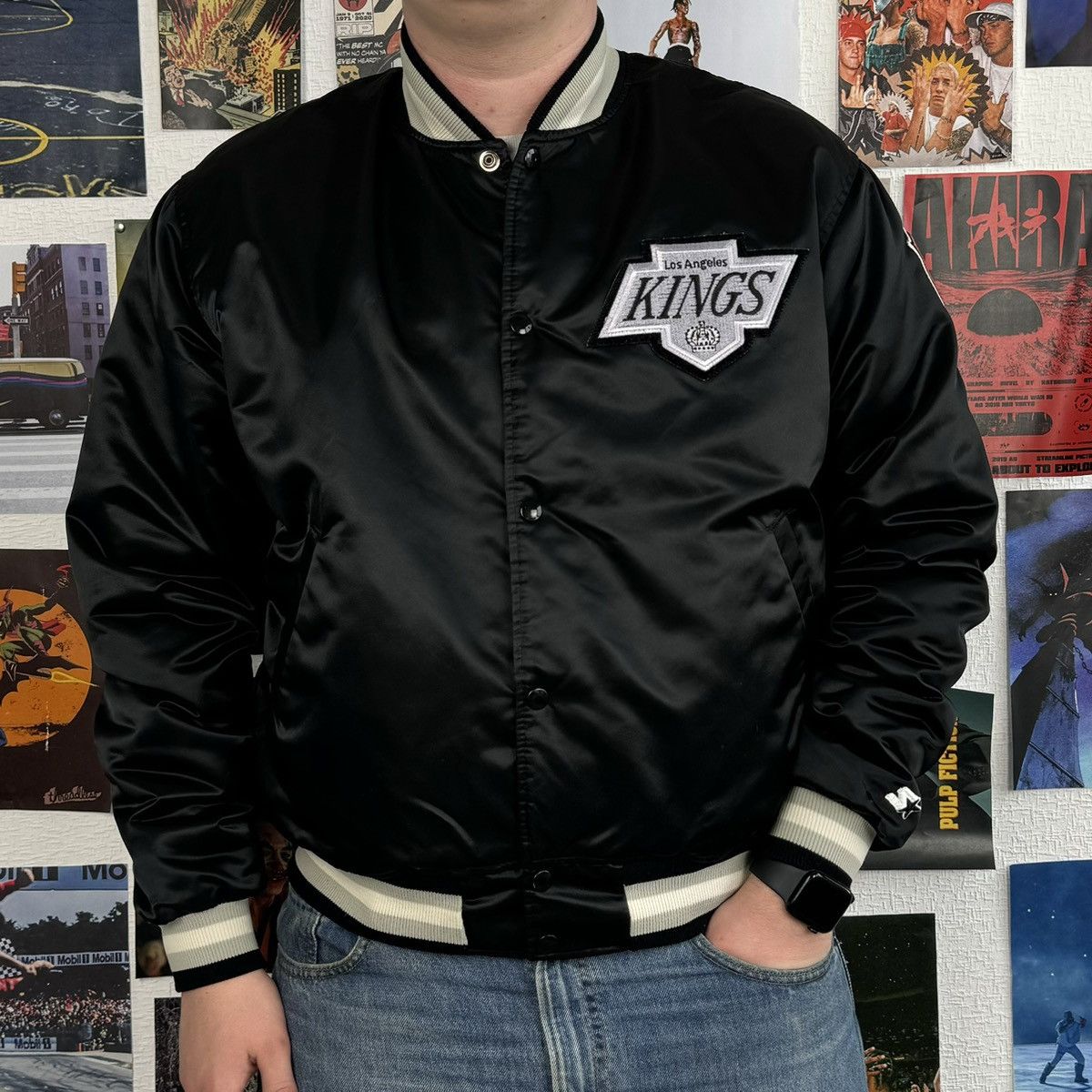 image of Vintage 80's Los Angeles Kings X Starter Satin Bomber Jacket in Black, Men's (Size XL)