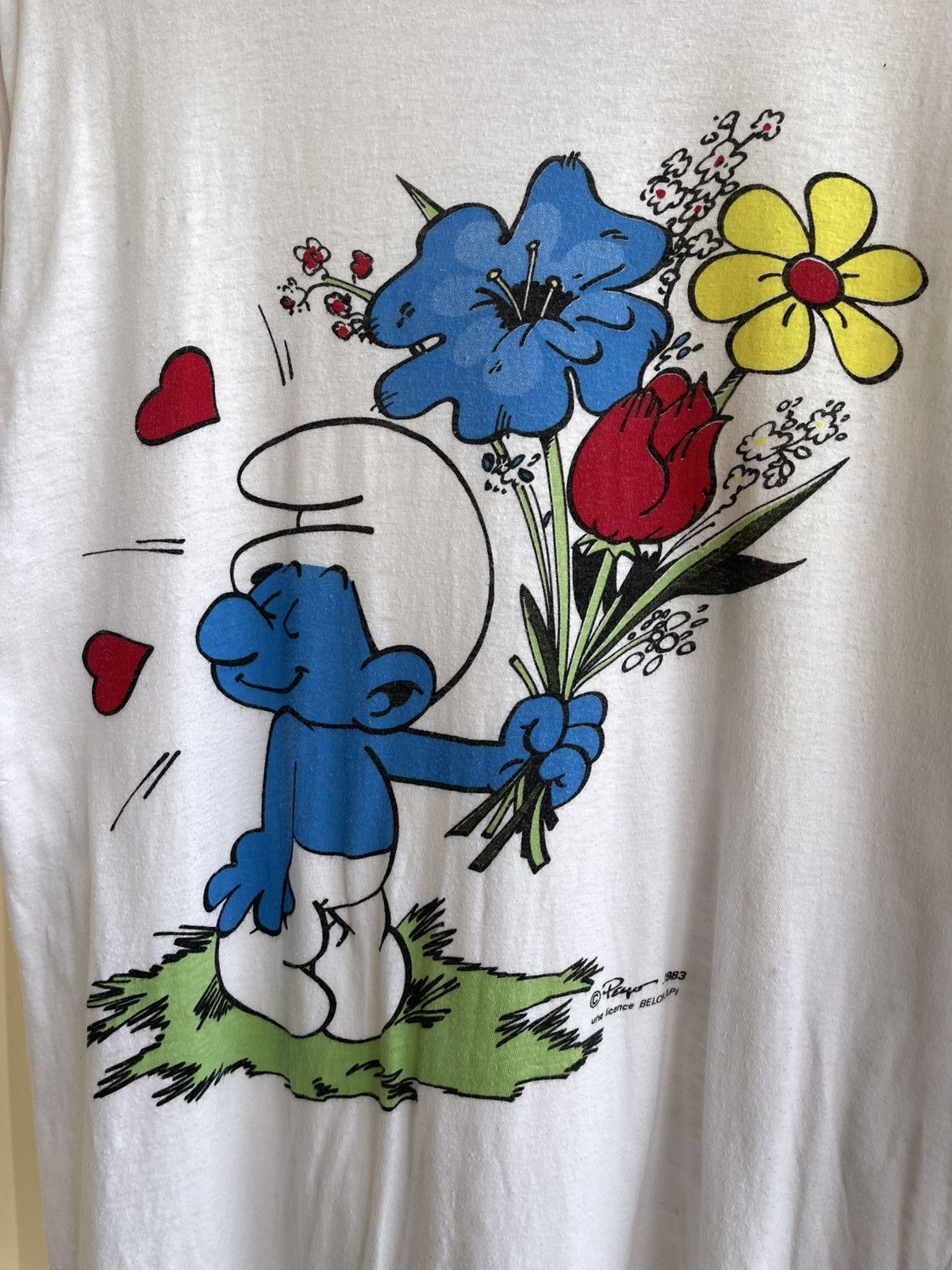 Vintage The Smurfs Enamoured Print by Peyo T-Shirt Belokapi 1983 80s Size US L / EU 52-54 / 3 - 6 Thumbnail
