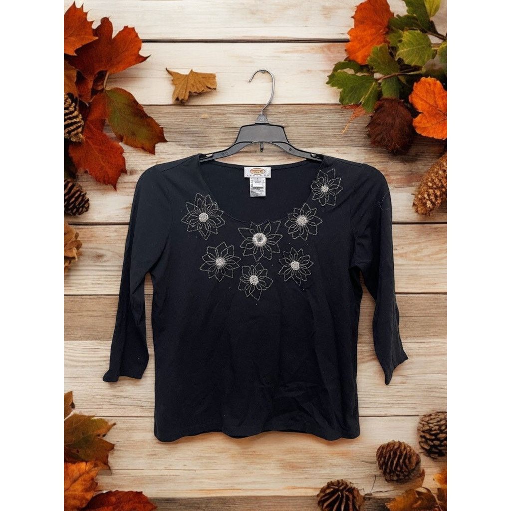 Unknown London Talbots Petites Black Flowered Stretchy Blouse Sequins Sz S Size S / US 4 / IT 40 - 4 Thumbnail