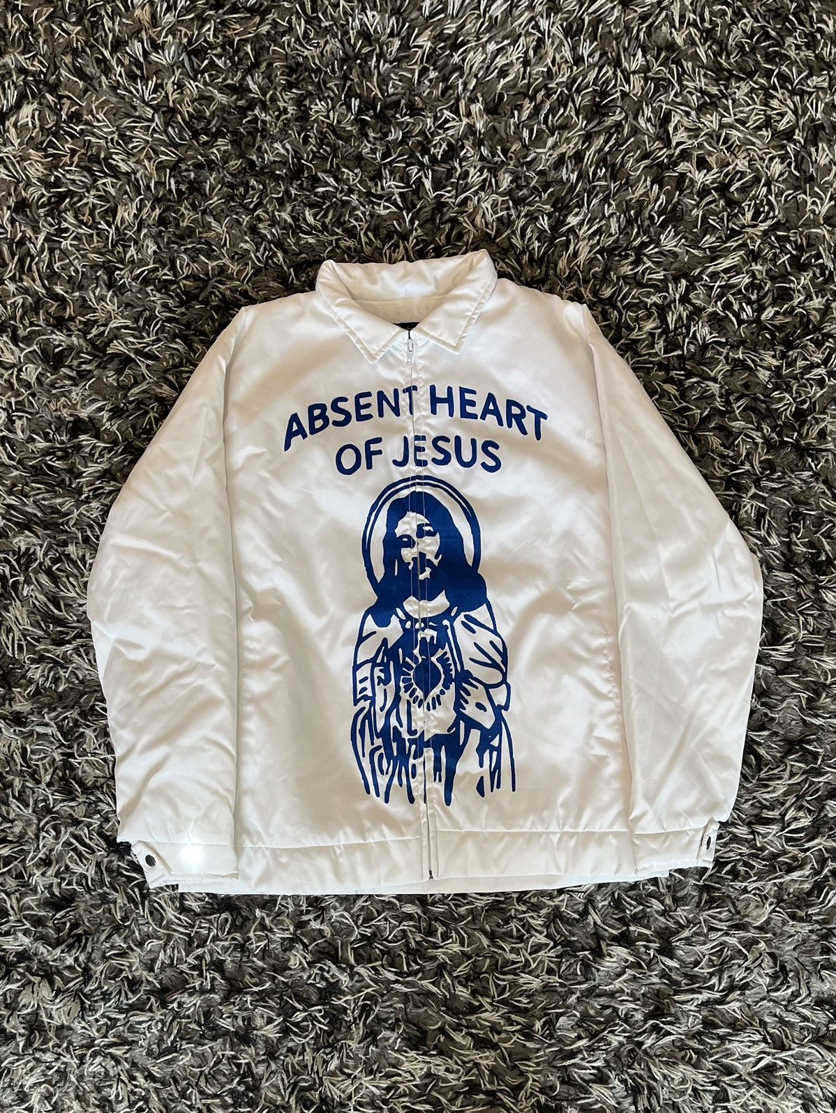 image of Absent “Heart Of Jesus” White Quilted Puffer Jacket, Men's (Size Small)