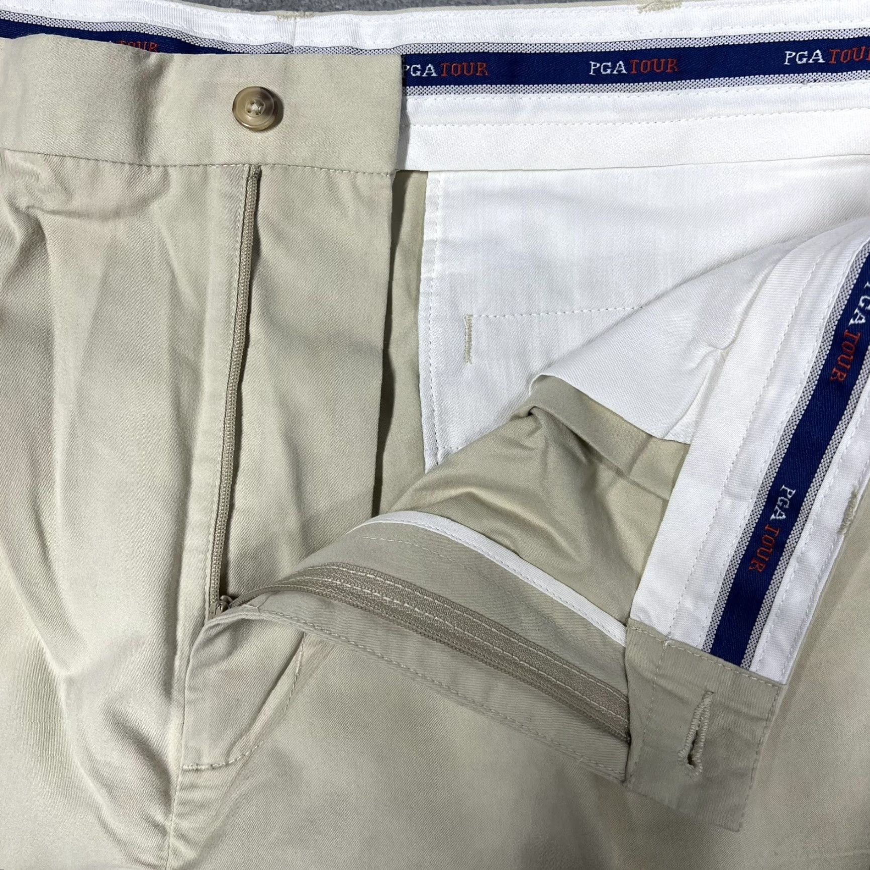 PGA Tour PGA TOUR Mens Chino Golf Shorts Flat Front 9" Inseam Size 40 Beige Tan Casual Belt Loops Regular Fit Microfiber Polyester Pocket Front Zipper Button Size US 40 / EU 56 - 3 Thumbnail