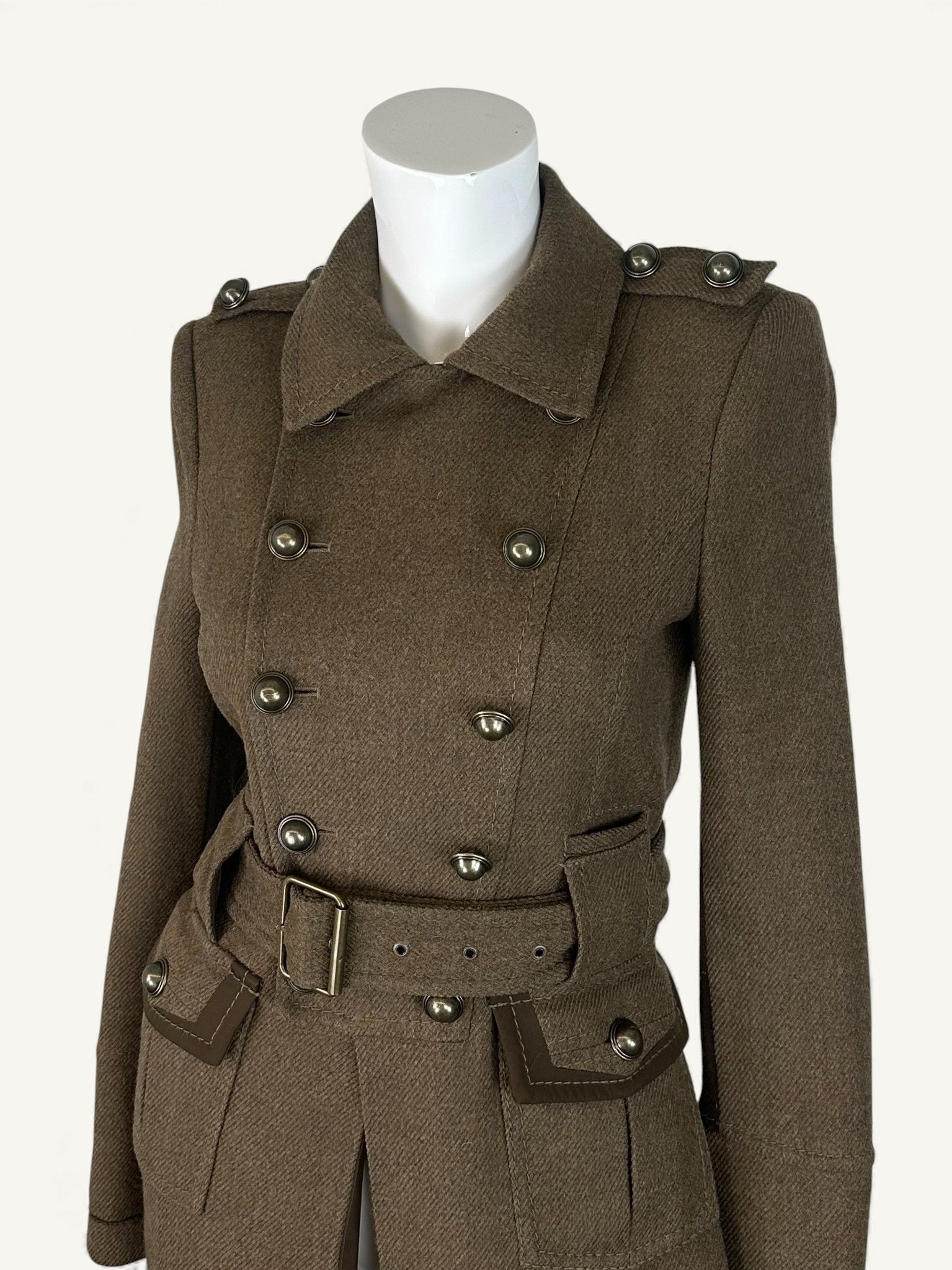Bcbgmaxazria Wool Military Trench Coat Brown Belted Size XS / US 0-2 / IT 36-38 - 4 Thumbnail