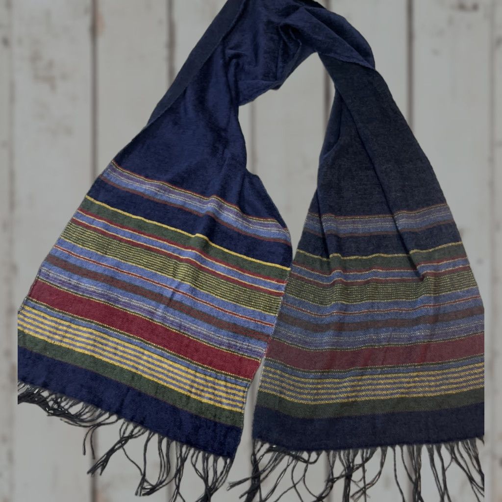 Vintage VINTAGE Corrieri Ido Striped Wool Fringe Scarf BLUE green Burgundy Long wrap Italy Made Size ONE SIZE - 1 Thumbnail