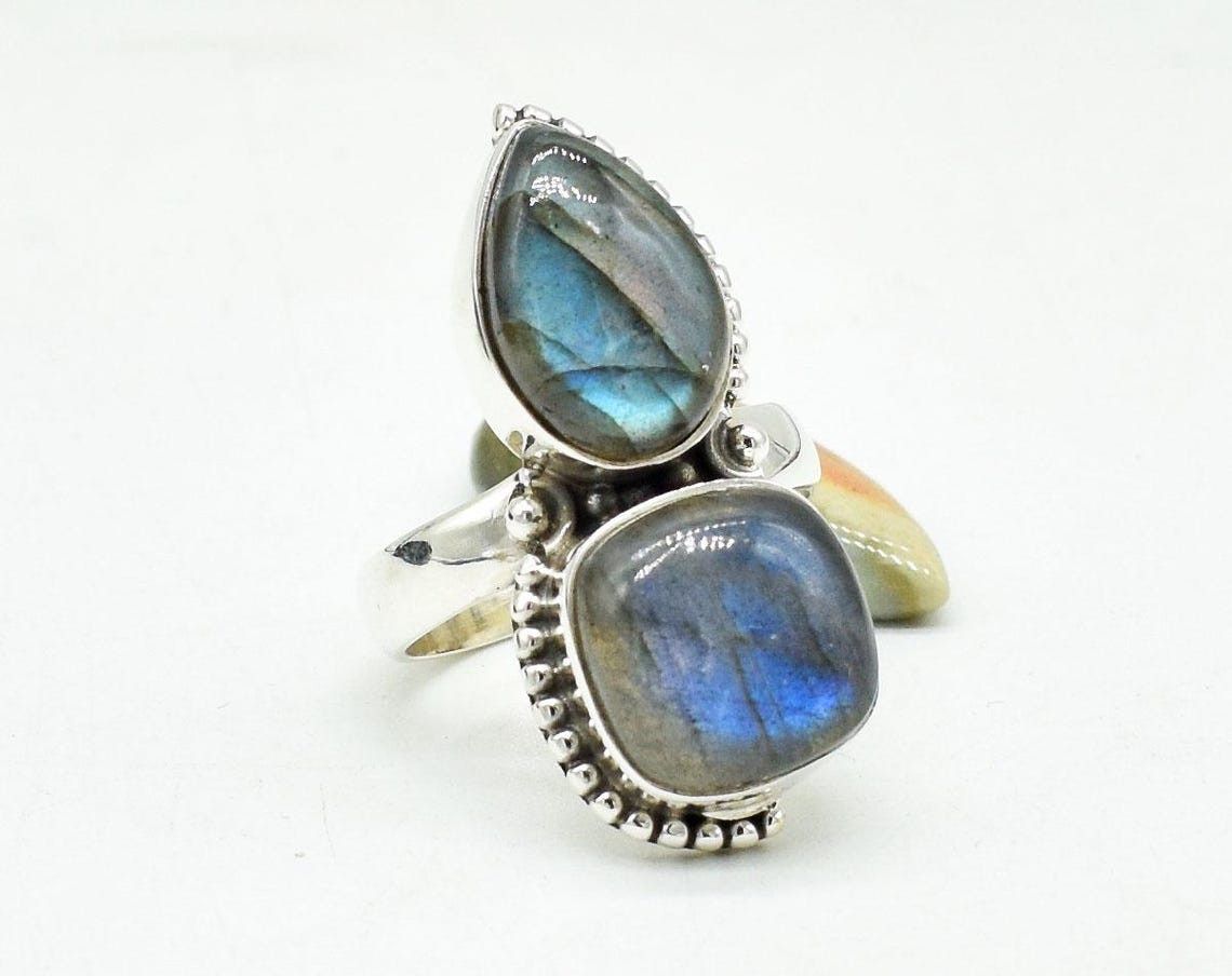 Handmade Blue Fire Labradorite Ring: 925K Silver Boho Bridal Jewelry Size ONE SIZE - 4 Thumbnail