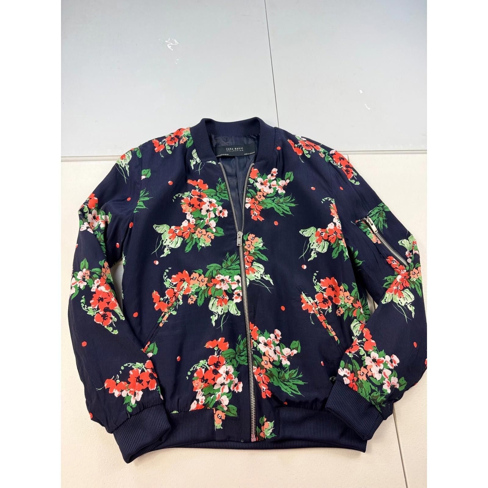 Other Zara Basic Floral Bomber Jacket Size XS Navy Blue Orange Size XS / US 0-2 / IT 36-38 - 2 Thumbnail
