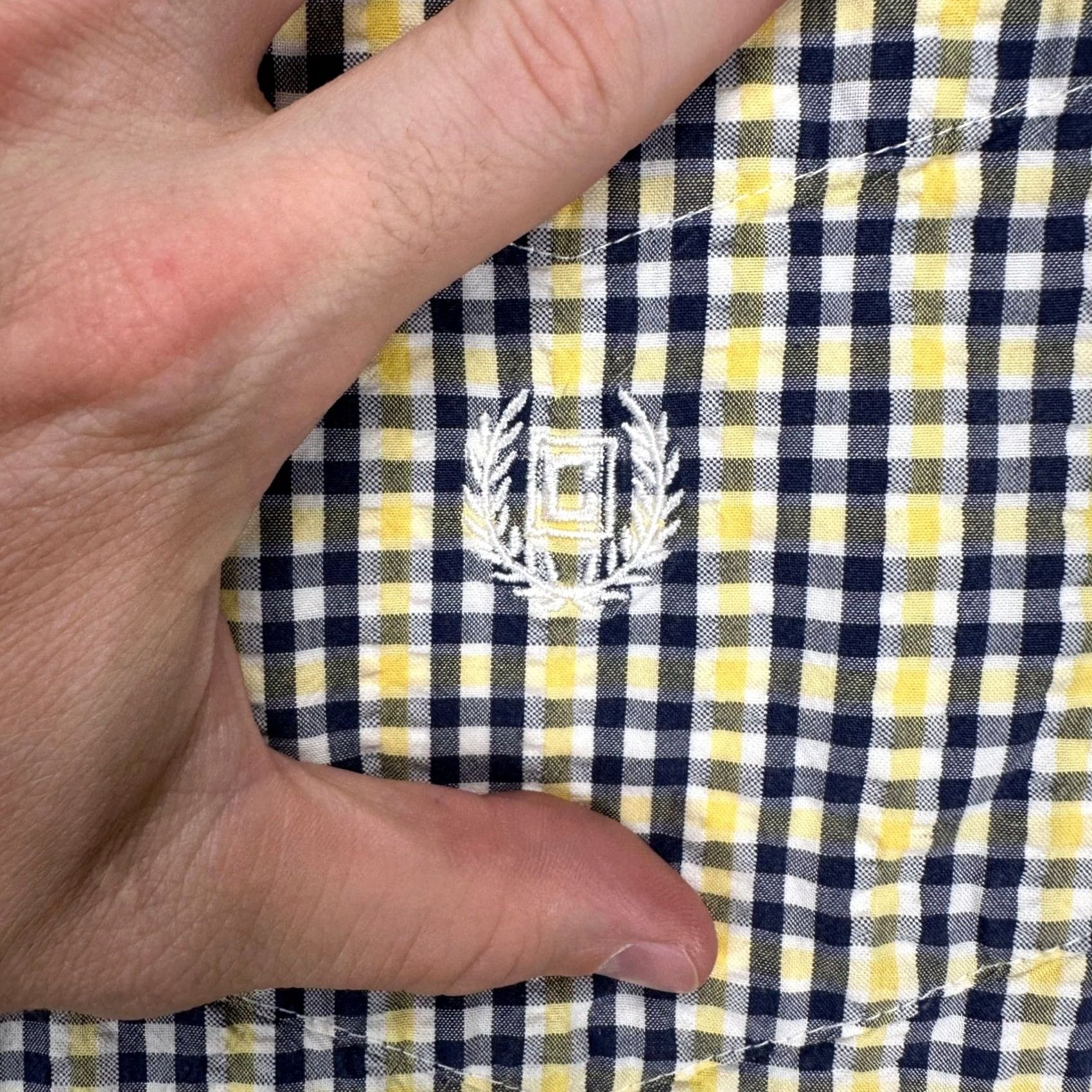 Chaps Chaps Button-Down Shirt 2XL Yellow Blue Plaid Seersucker Short Sleeve Pocket Mens Shirt Size US XXL / EU 58 / 5 - 6 Thumbnail